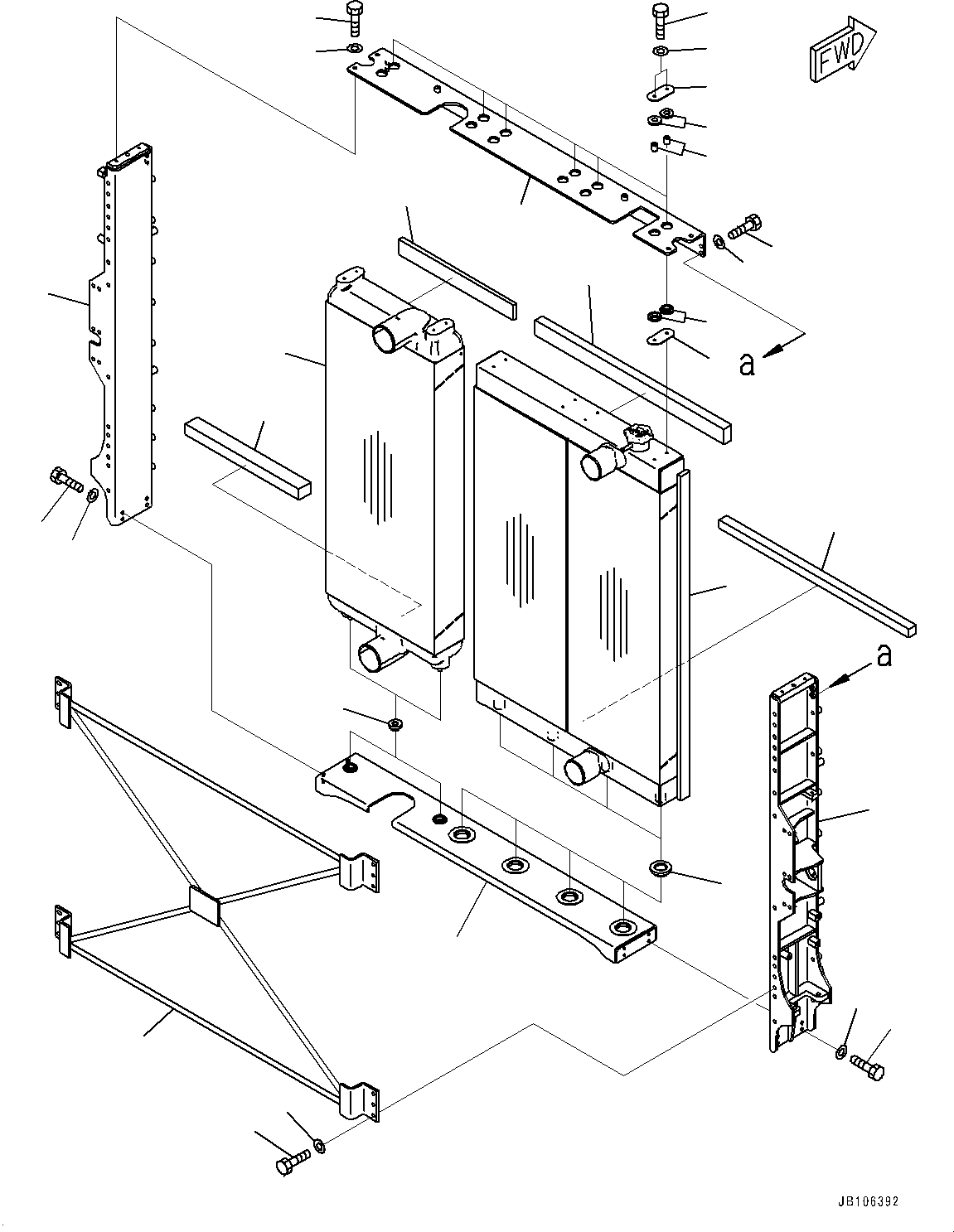 Komatsu parts book diagram for HD605-10 S/N 60001-UP: RADIATOR, RADIATOR CORE AND AFTERCOOLER(#60001-)