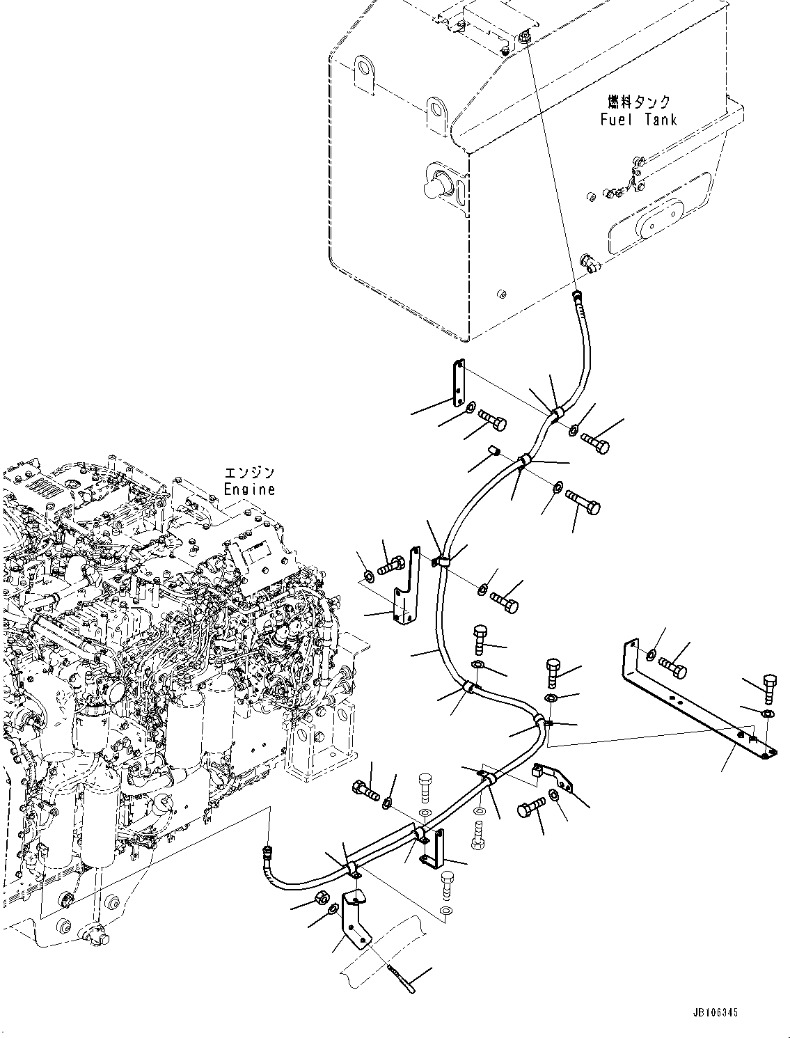 Komatsu parts book diagram for HD605-10 S/N 60001-UP: FUEL PIPING, PIPING AND MOUNTING (1/2)(#60001-)