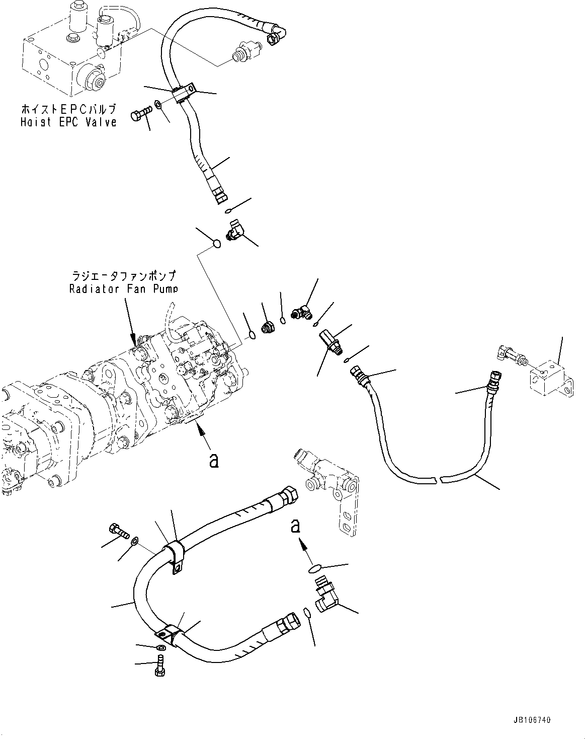 Komatsu parts book diagram for HD605-10 S/N 60001-UP: TORQUE CONVERTER AND TRANSMISSION, RADIATOR FAN PUMP PIPING (2/2)(#60003-)