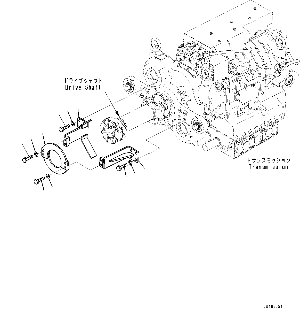Komatsu parts book diagram for HD605-10 S/N 60001-UP: TORQUE CONVERTER AND TRANSMISSION, DRIVE SHAFT GUARD(#60001-)