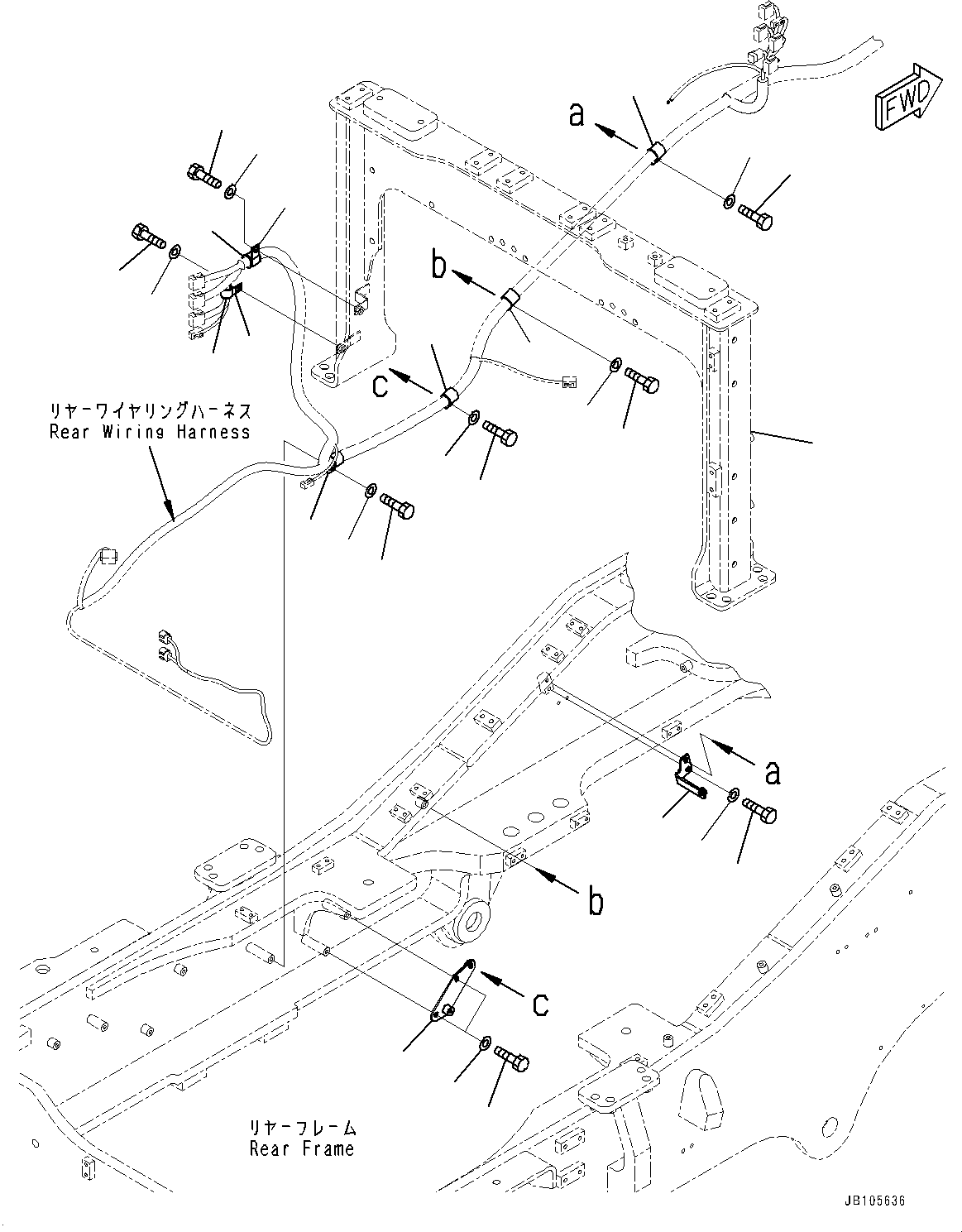 Komatsu parts book diagram for GD955-7M0 S/N 31001-UP: REAR WIRING HARNESS, WIRING HARNESS MOUNTING (4/7)(#30001-)