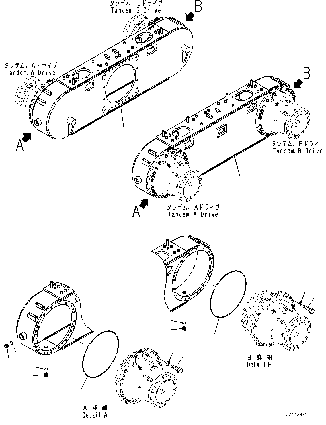 Komatsu parts book diagram for GD955-7M0 S/N 31001-UP: REAR AXLE, TANDEM DRIVE, CASE(#30001-)