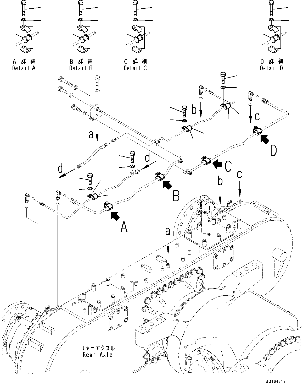 Komatsu parts book diagram for GD955-7M0 S/N 31001-UP: REAR AXLE, BRAKE PIPING MOUNTING (2/2)(#30001-)