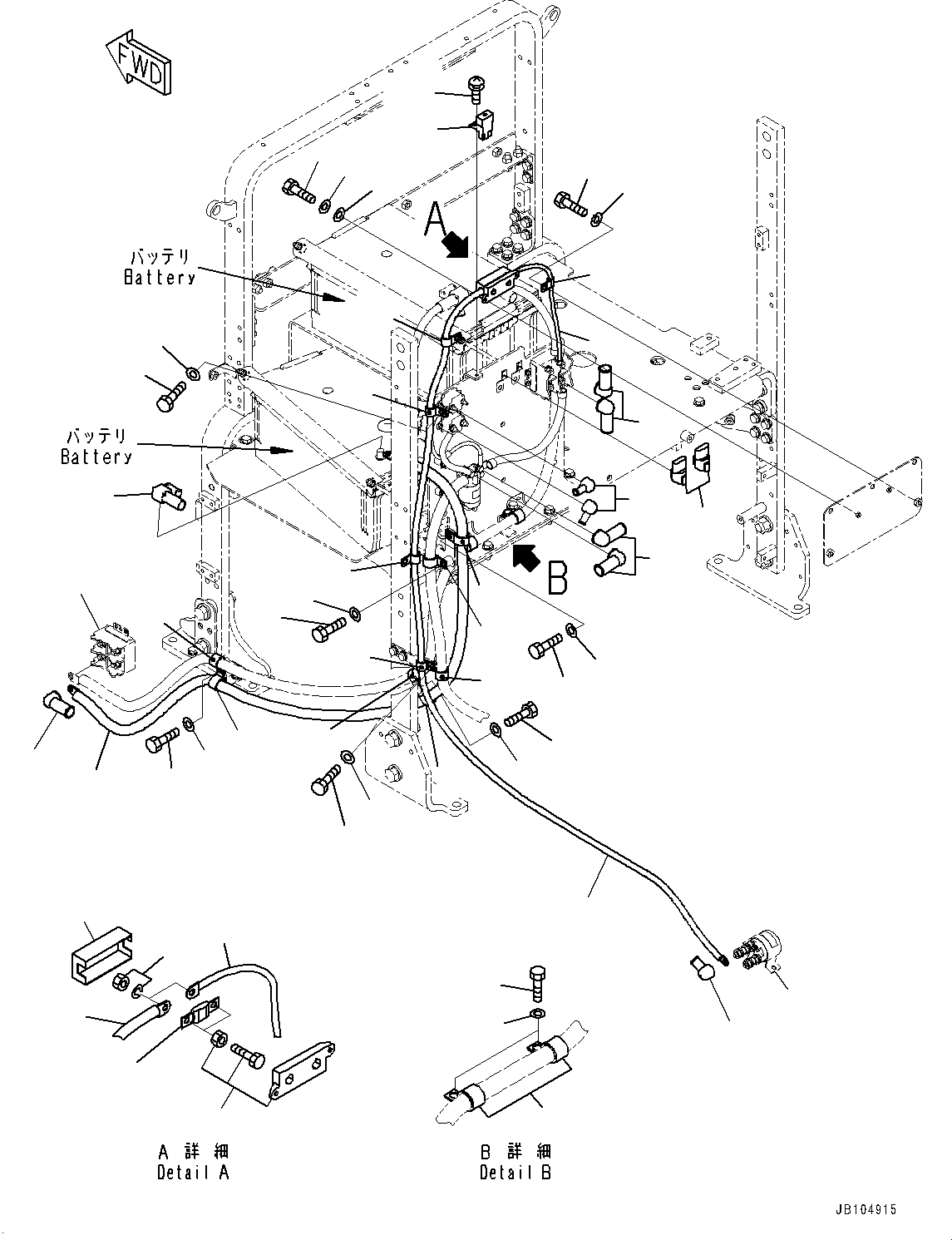 Komatsu parts book diagram for GD955-7M0 S/N 31001-UP: HYDRAULIC TANK RELATED MISCELLANEOUS PARTS, BATTERY CABLE (2/2)(#30001-)