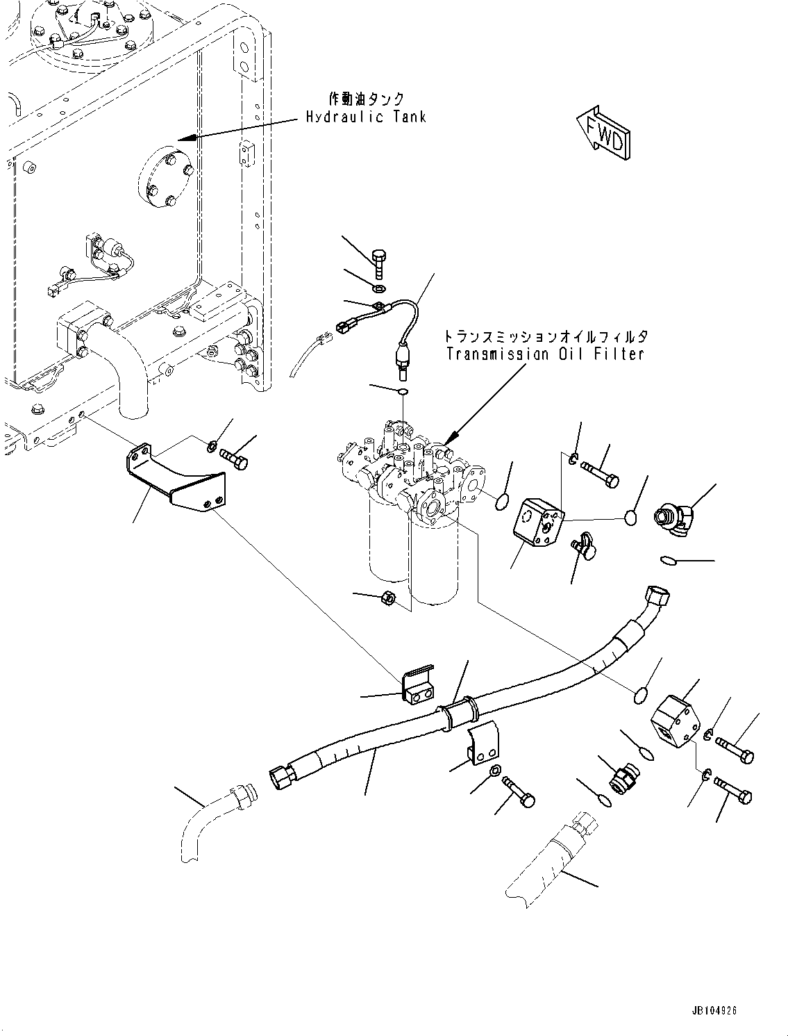 Komatsu parts book diagram for GD955-7M0 S/N 31001-UP: HYDRAULIC TANK RELATED MISCELLANEOUS PARTS, TRANSMISSION OIL FILTER PIPING(#30001-)