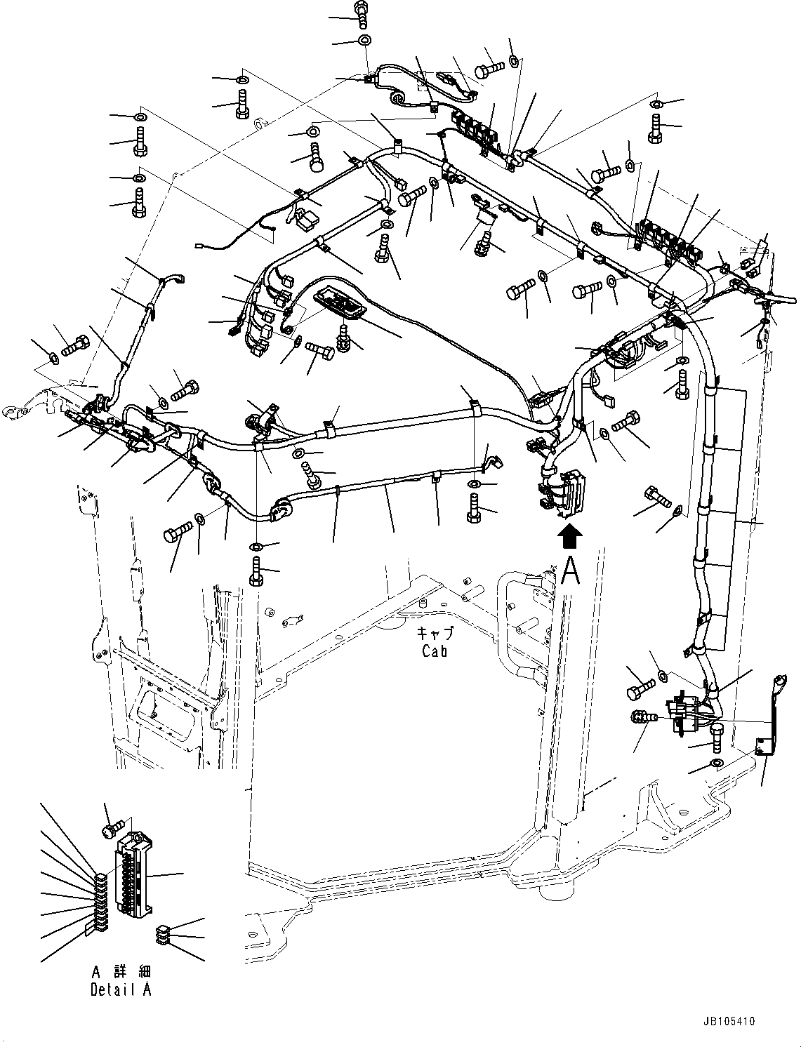 Komatsu parts book diagram for GD955-7M0 S/N 31001-UP: ROPS CAB, CAB WIRING HARNESS (1/2)(#30001-)