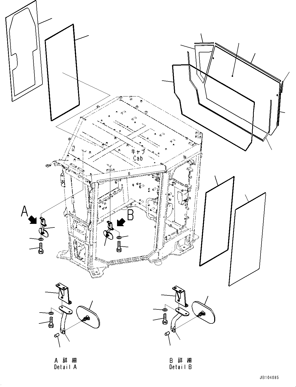 Komatsu parts book diagram for GD955-7M0 S/N 31001-UP: ROPS CAB, GLASS WINDOW(#30001-)