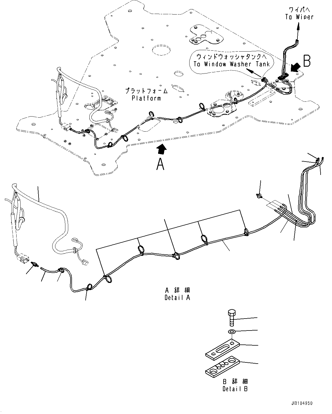 Komatsu parts book diagram for GD955-7M0 S/N 31001-UP: FLOOR, WINDOW WASHER PIPING(#30001-)