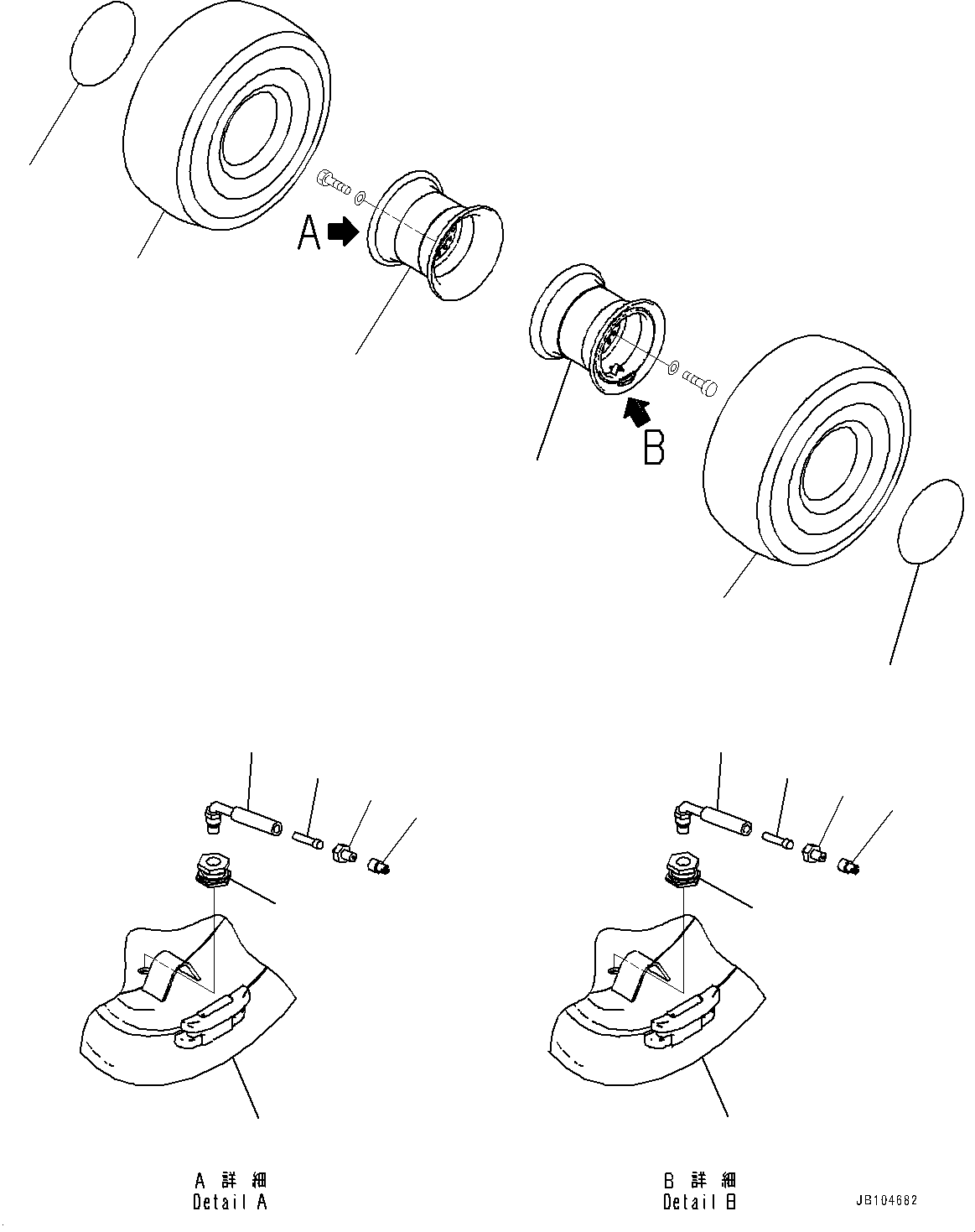 Komatsu parts book diagram for GD955-7M0 S/N 31001-UP: TIRE AND RIM, FRONT WHEEL (26.5 R25 L4 TWO STAR TUBELESS TIRES, YOKOHAMA)(#30001-)