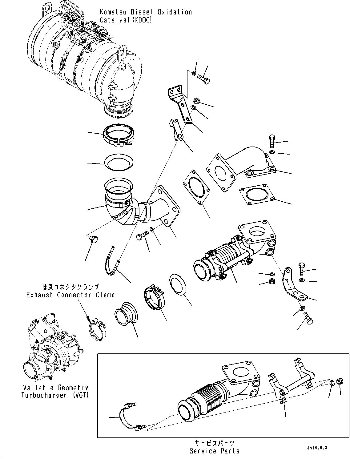 Komatsu parts book diagram for WA200-8 S/N 91001-UP: EXHAUST PIPE, RELATED PARTS(#85001-)