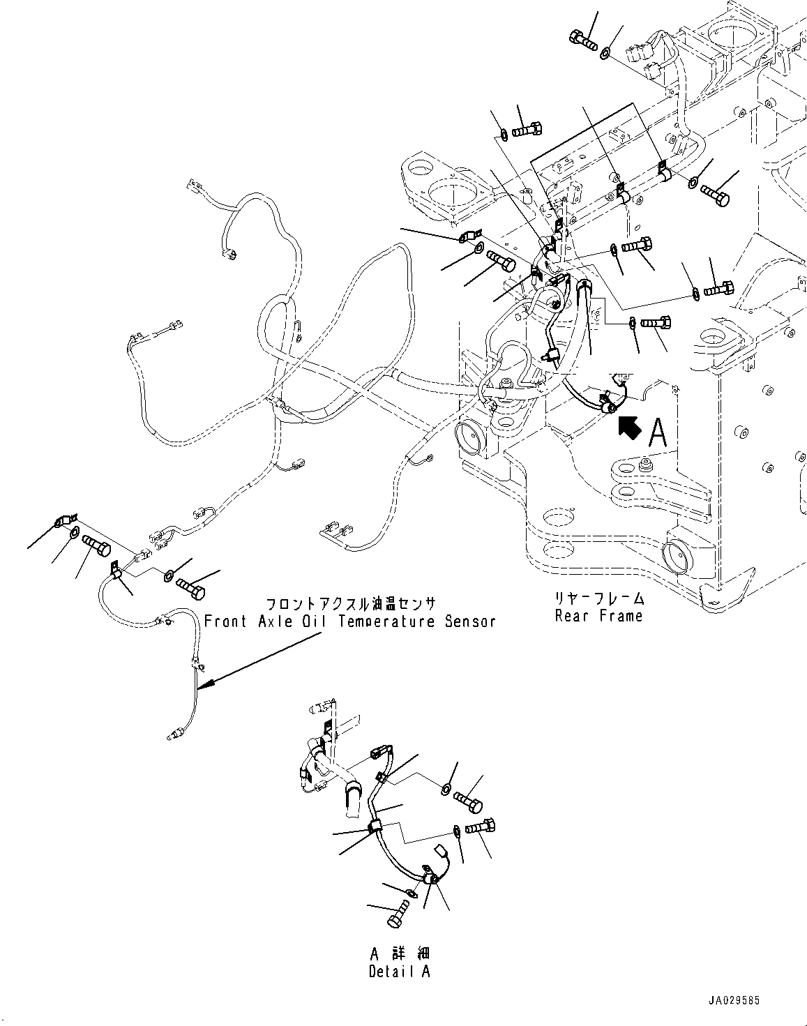 Komatsu parts book diagram for WA200-8 S/N 91001-UP: FRONT WIRING HARNESS, MOUNTING (WITH SECONDARY STEERING, AUTOMATIC CONTROL TYPE)(#85001-)
