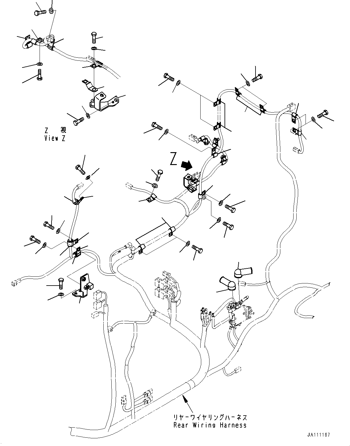 Komatsu parts book diagram for WA200-8 S/N 91001-UP: REAR WIRING HARNESS, MOUNTING (3/3) (WITH EMERGENCY ENGINE STOP SWITCH)(#85001-)