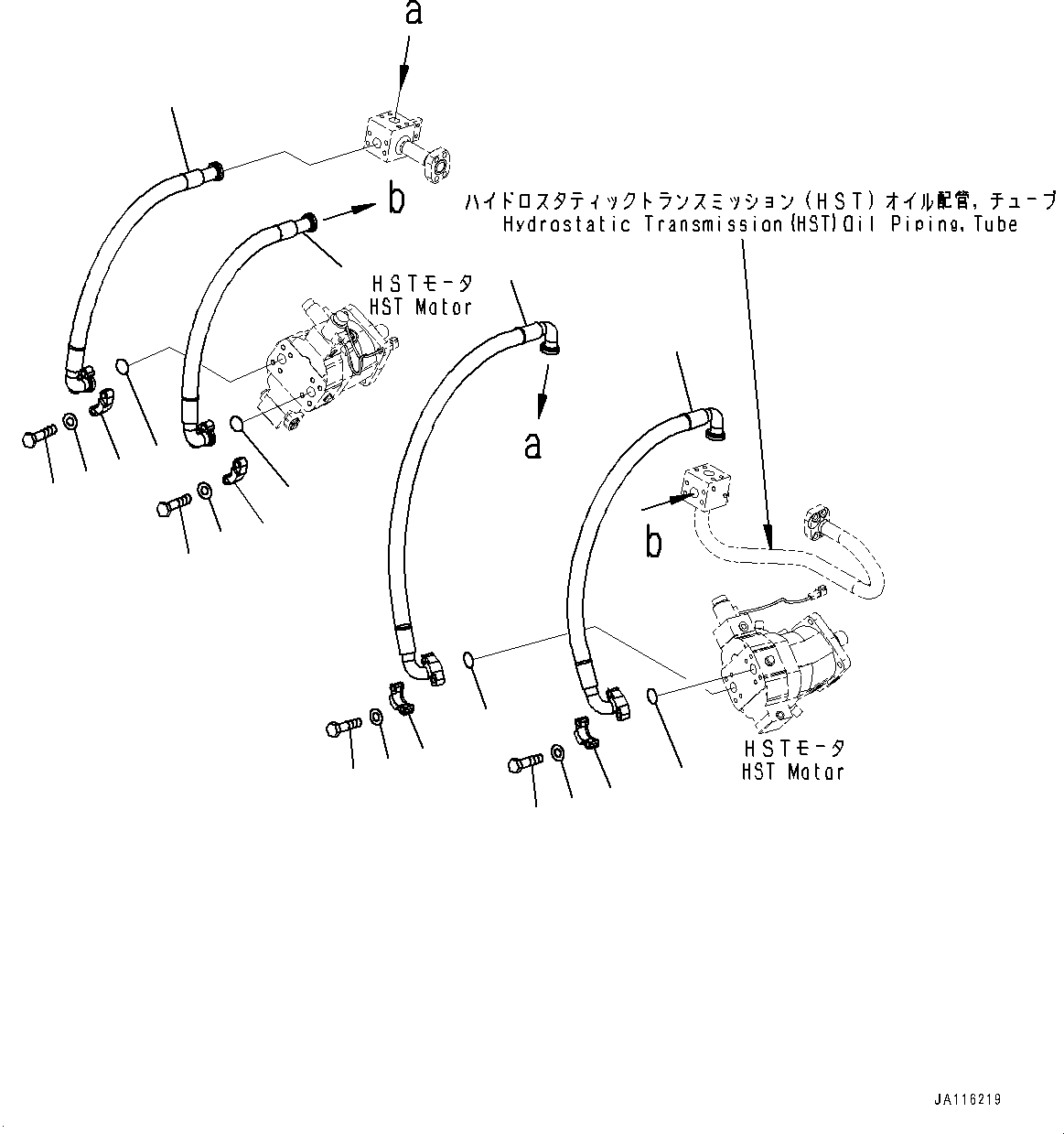 Komatsu parts book diagram for WA200-8 S/N 91001-UP: TRANSFER, HST MOTOR PIPING (WITH SECONDARY STEERING, AUTOMATIC CONTROL TYPE)(#85001-)