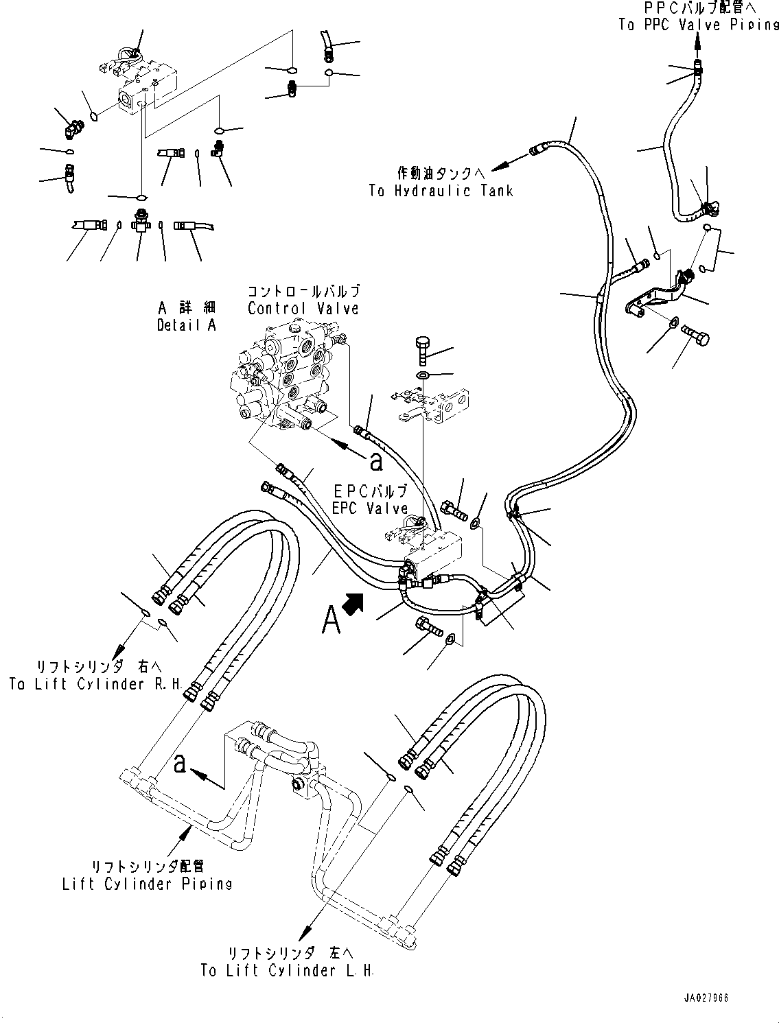 Komatsu parts book diagram for WA200-8 S/N 91001-UP: HYDRAULIC PIPING, EPC VALVE PIPING (WITH 3-SPOOL CONTROL VALVE, QUICK COUPLER)(#85001-)