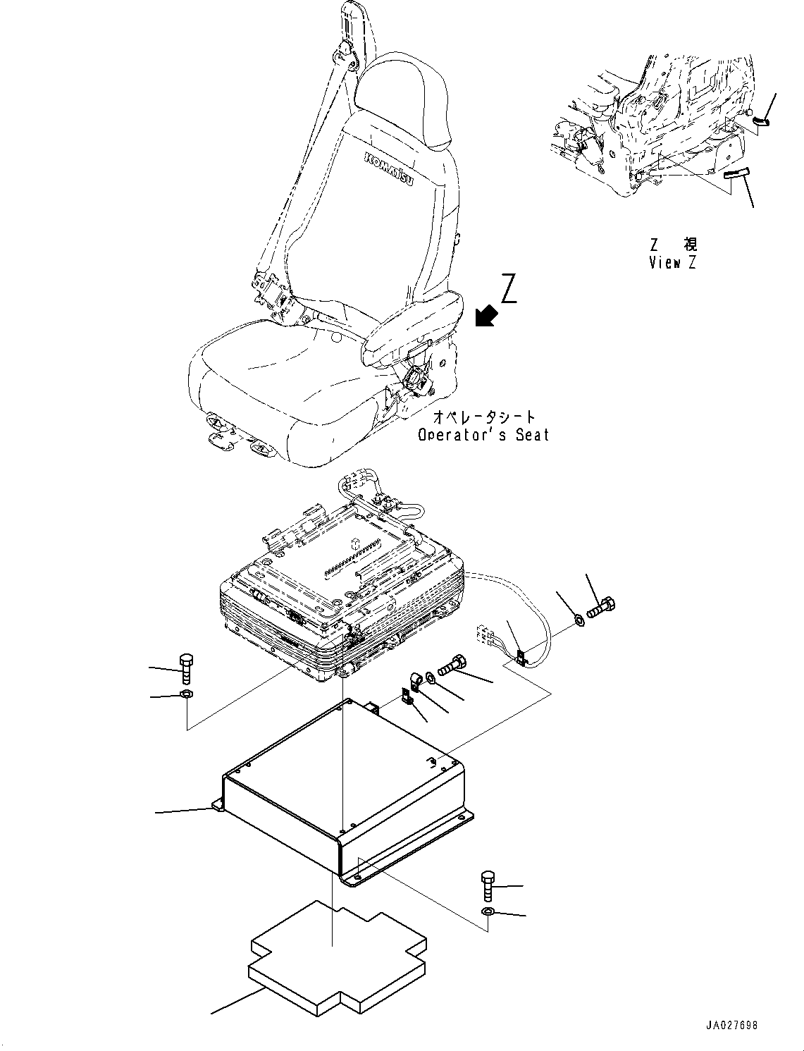 Komatsu parts book diagram for WA200-8 S/N 91001-UP: OPERATOR'S SEAT, MOUNTING (WITH 3-POINT 50MM SEAT BELT)(#85001-)