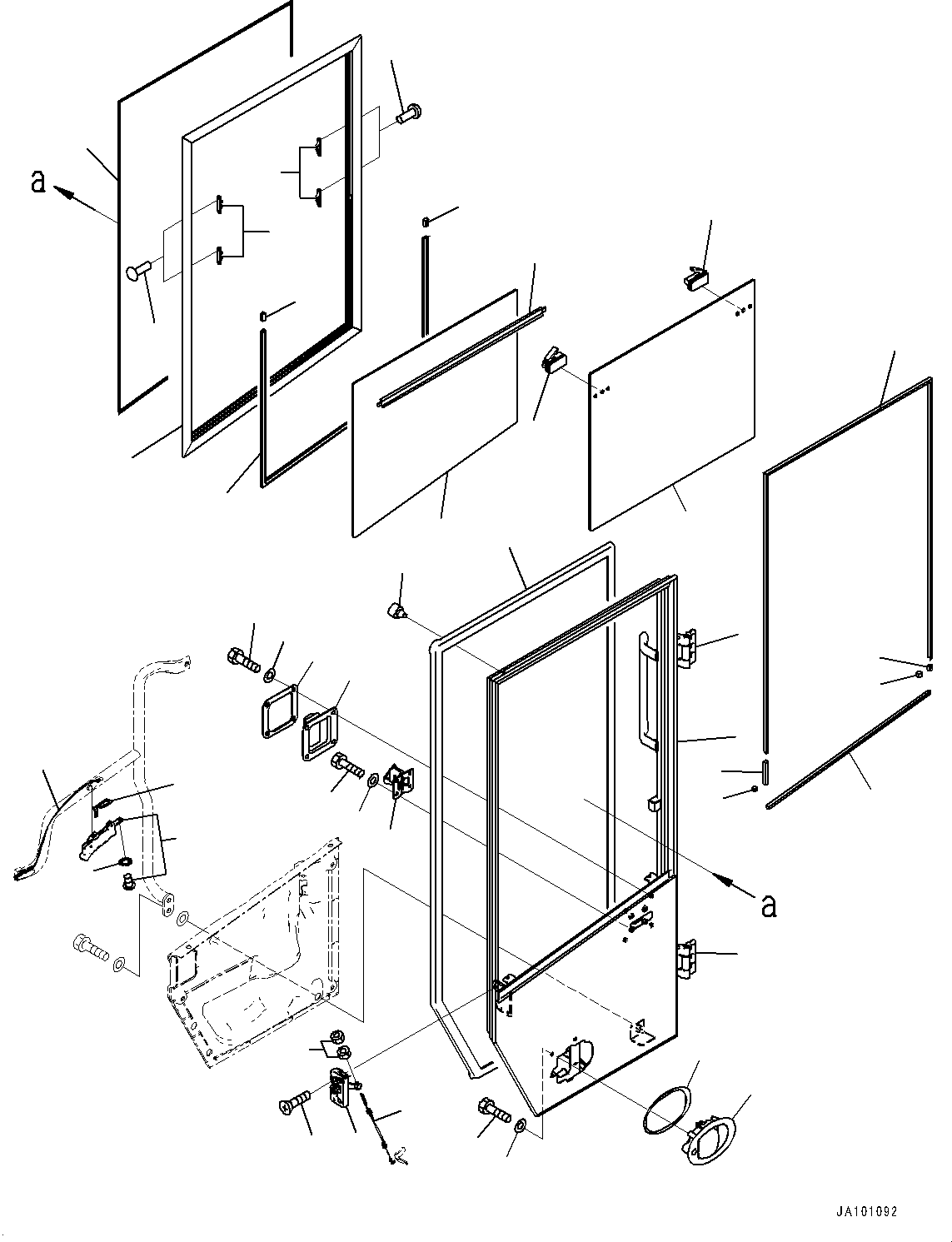 Komatsu parts book diagram for WA200-8 S/N 91001-UP: ROPS CAB AND FLOOR FRAME GROUP, DOOR, L.H. (1/2) (WITH FRONT WORKING LAMP, CAB TOP, LED)(#85001-)