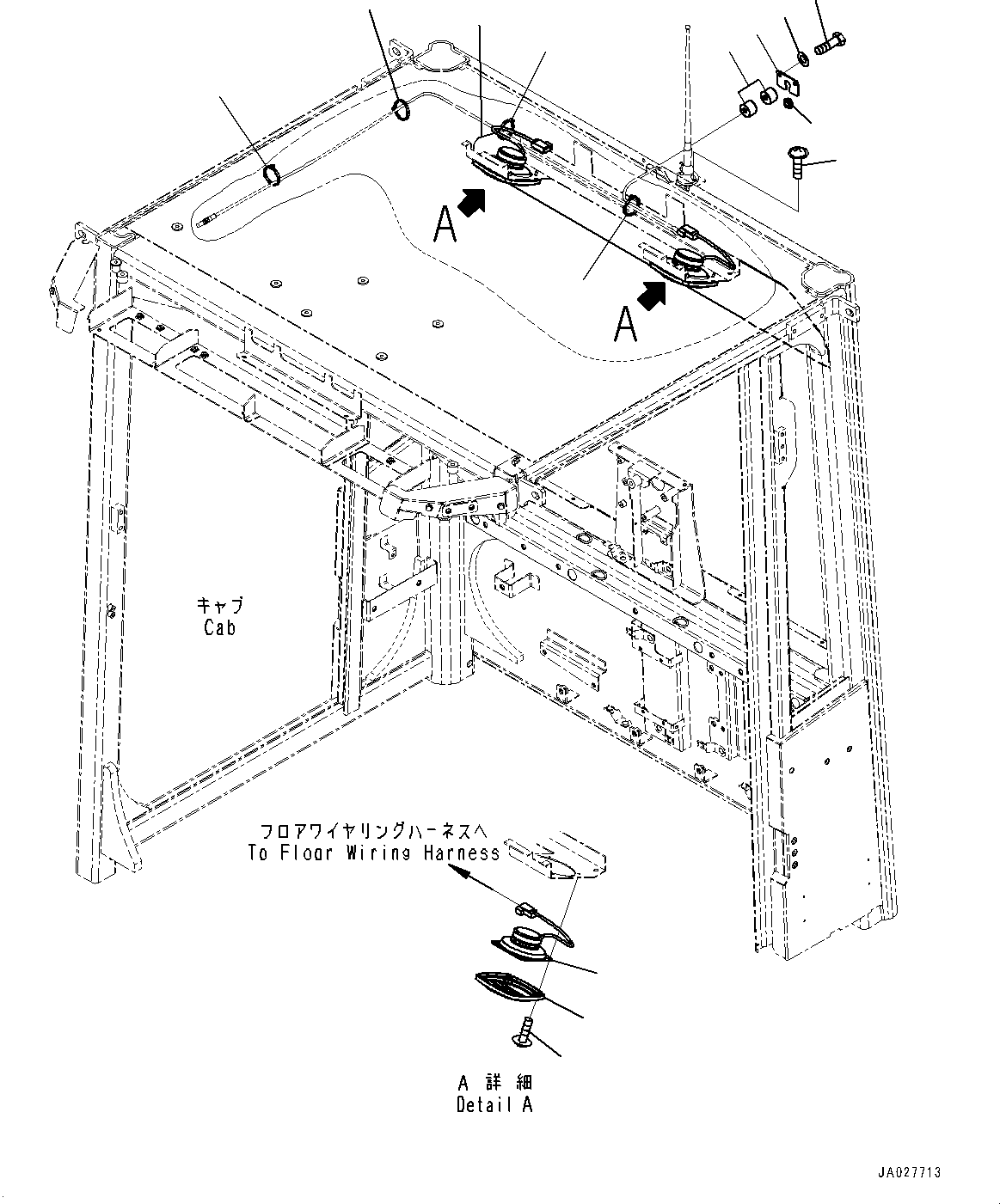 Komatsu parts book diagram for WA200-8 S/N 91001-UP: ROPS CAB AND FLOOR FRAME GROUP, RUBBER ANTENNA MOUNTING, SPEAKER AND MARK PLATES(#85001-)