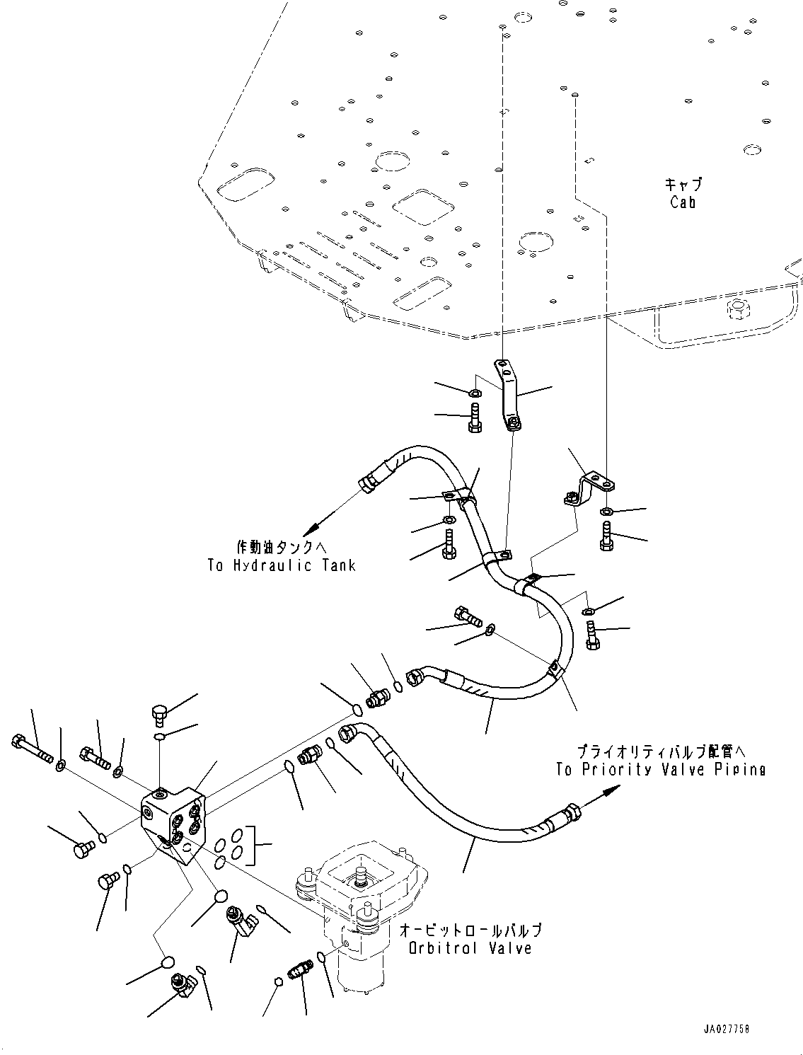 Komatsu parts book diagram for WA200-8 S/N 91001-UP: ROPS CAB AND FLOOR FRAME GROUP, STEERING DRAIN PIPING(#85001-)
