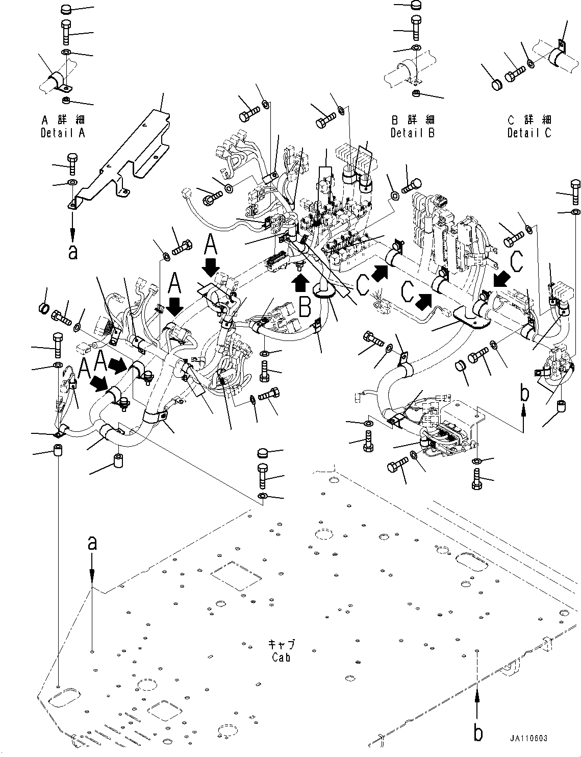 Komatsu parts book diagram for WA200-8 S/N 91001-UP: ROPS CAB AND FLOOR FRAME GROUP, FLOOR WIRING HARNESS MOUNTING (1/2)(#85001-)