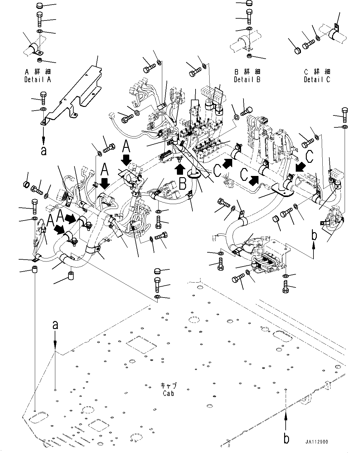 Komatsu parts book diagram for WA200-8 S/N 91001-UP: ROPS CAB AND FLOOR FRAME GROUP, FLOOR WIRING HARNESS MOUNTING (1/2) (WITH FRONT WORKING LAMP, CAB TOP, LED)(#85001-)
