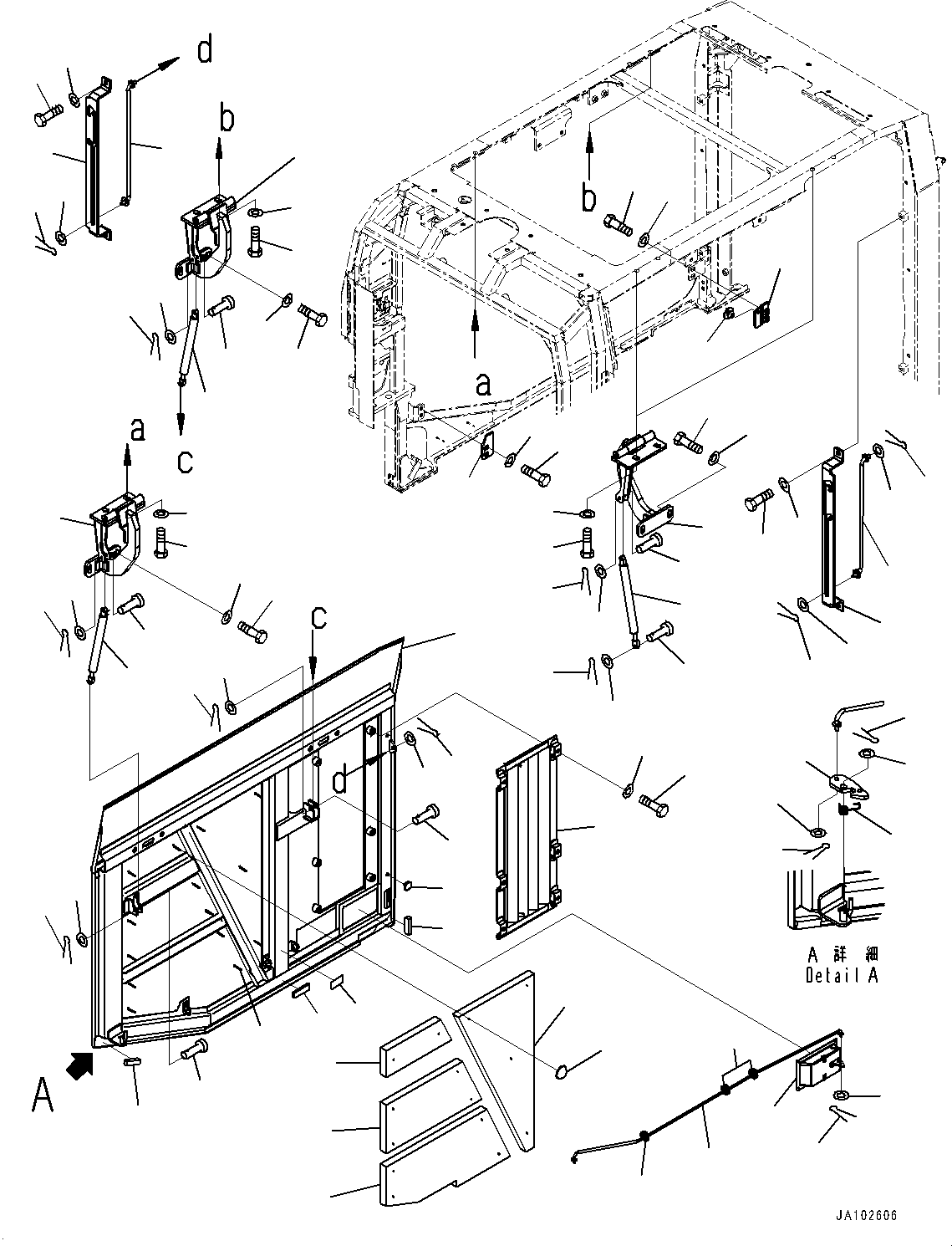 Komatsu parts book diagram for WA200-8 S/N 91001-UP: HOOD, DOOR, R.H. (WITH HOOD SCREEN, REAR FULL-LENGTH FENDER)(#85001-)