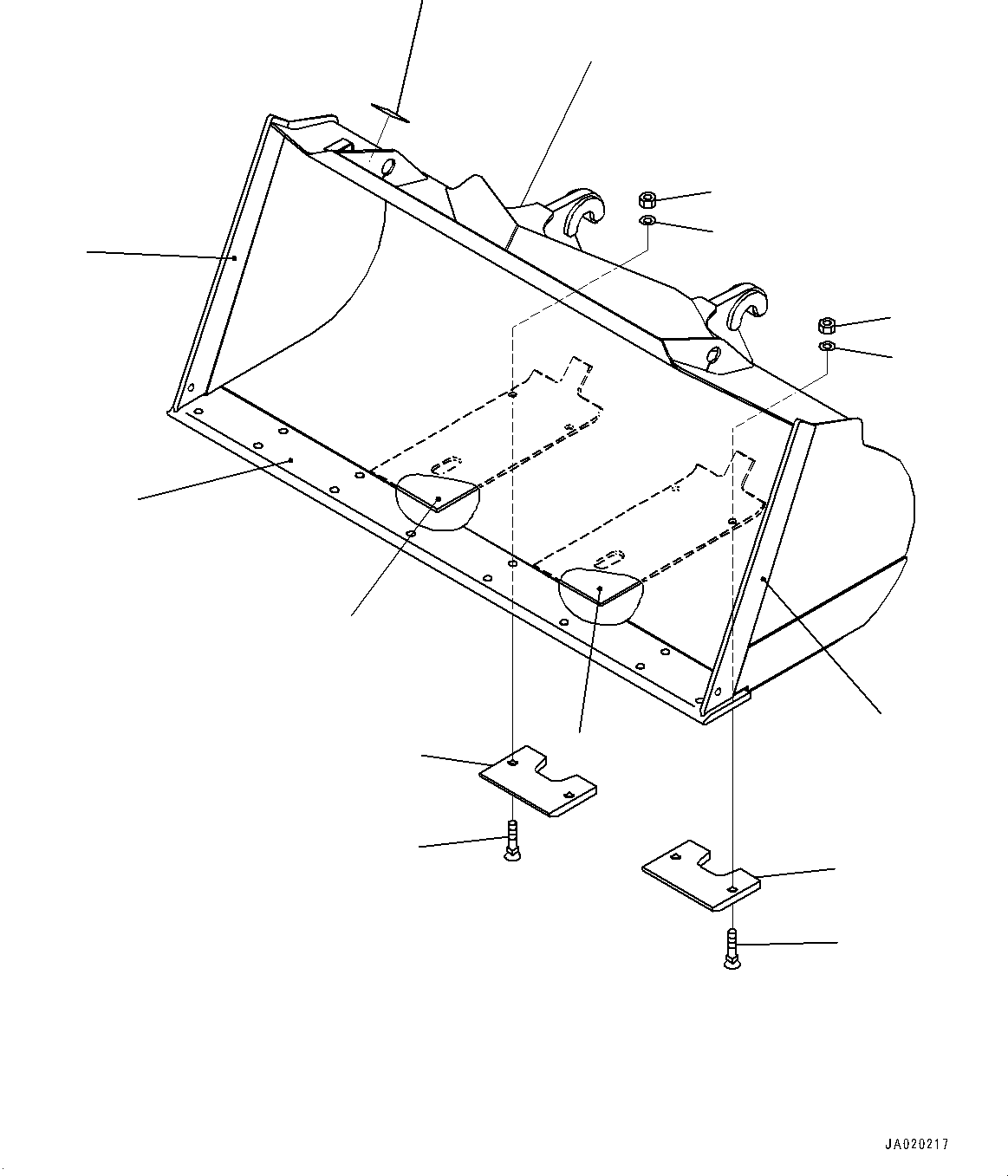 Komatsu parts book diagram for WA200-8 S/N 91001-UP: BUCKET, (2.0M3, BOLT ON CUTTING EDGE 2.1M3)(#85001-)