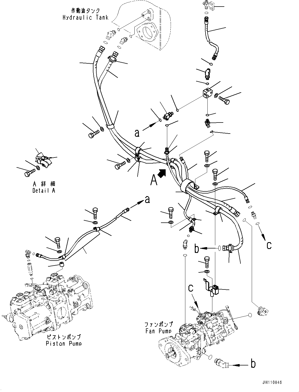 Komatsu parts book diagram for D475A-8E0 S/N 51001-UP: COOLING FAN DRIVE PIPING, FAN PUMP PIPING (1/2)(#50003-)