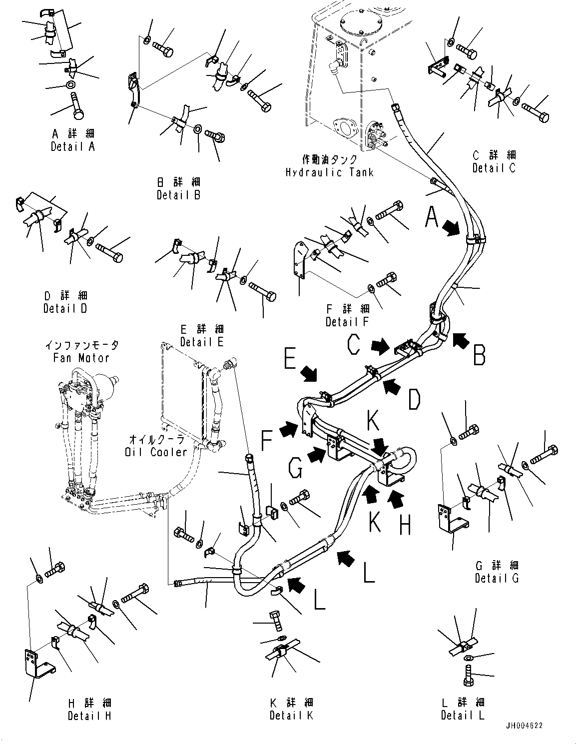 Komatsu parts book diagram for D375A-6 S/N 62001-UP (Mining Specification): COOLING FAN DRIVE PIPING, FAN MOTOR RETURN AND DRAIN PIPING (ENGINE OIL PAN AND COOLANT HEATER)(#60001-)