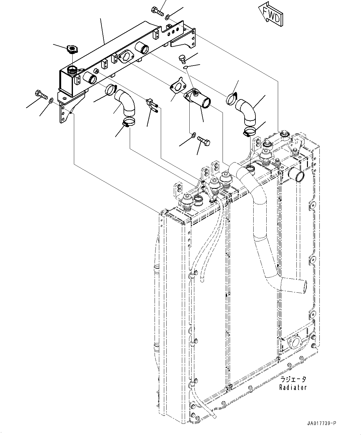 Komatsu parts book diagram for D85PX-18E0 S/N 26001-UP: COOLING SYSTEM, UPPER TANK(#22001-)