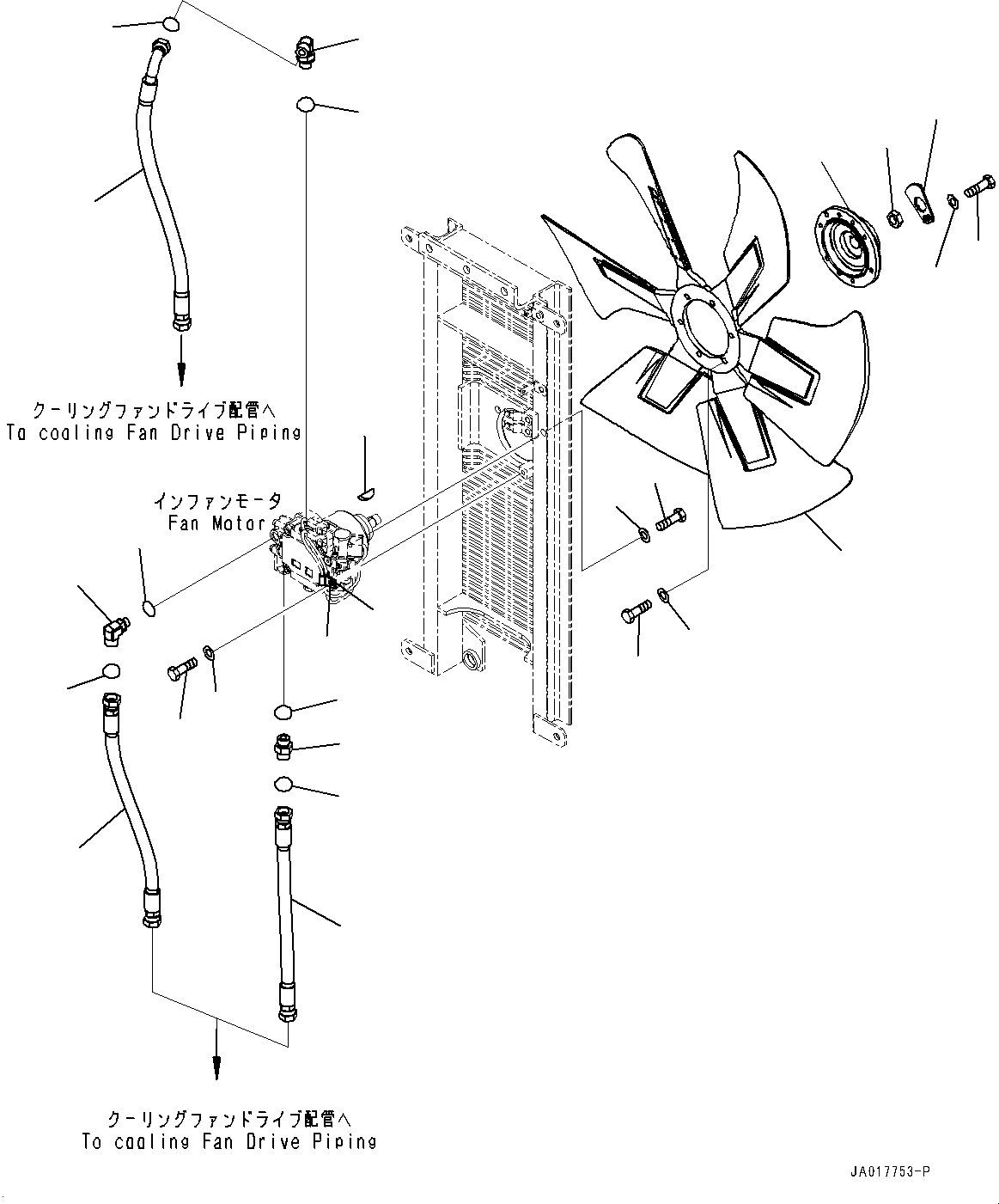 Komatsu parts book diagram for D85PX-18E0 S/N 26001-UP: COOLING FAN, PIPING(#22001-)