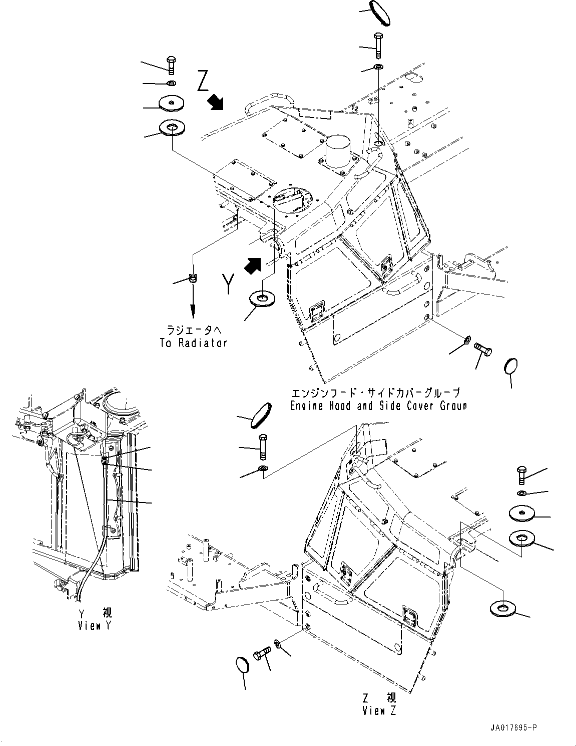 Komatsu parts book diagram for D85PX-18E0 S/N 26001-UP: ENGINE HOOD AND SIDE COVER GROUP, RELATED PARTS(#26001-)