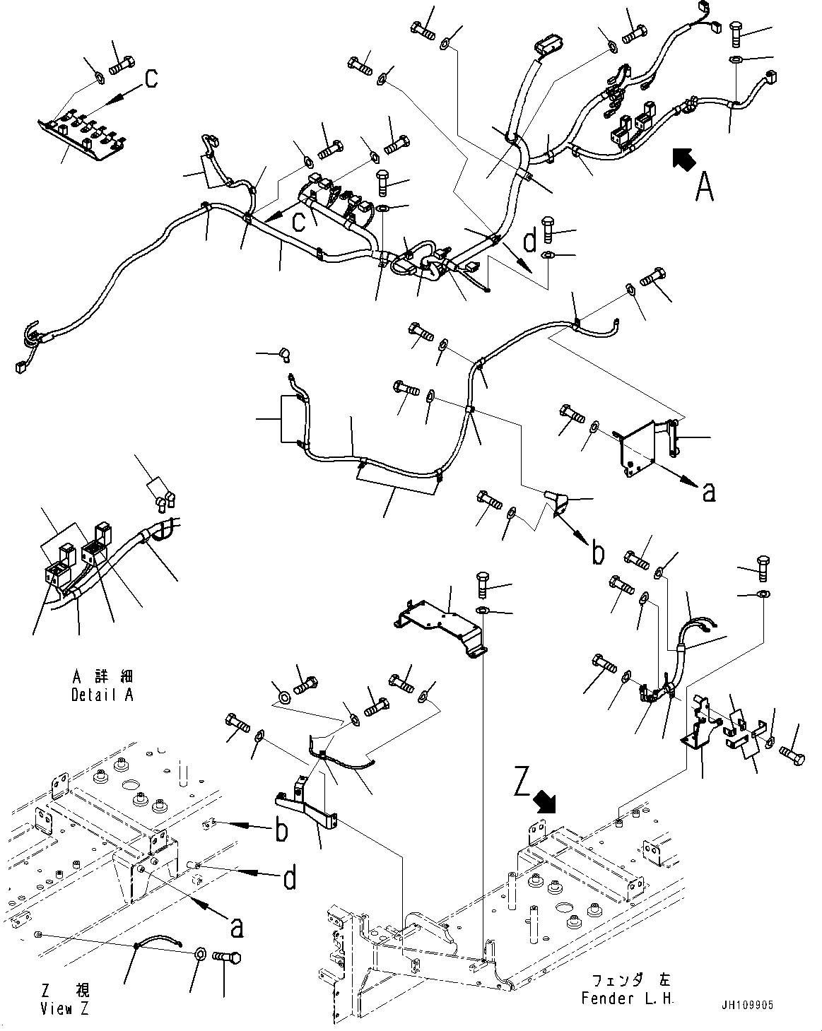 Komatsu parts book diagram for D85PX-18E0 S/N 26001-UP: FENDER, WIRING HARNESS (1/2)(#25001-)