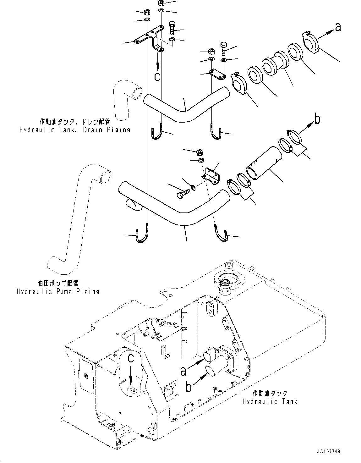Komatsu parts book diagram for D71PXI-24 S/N 74001-UP: HYDRAULIC TANK, DRAIN PIPING AND SUCTION PIPING(#70002-)