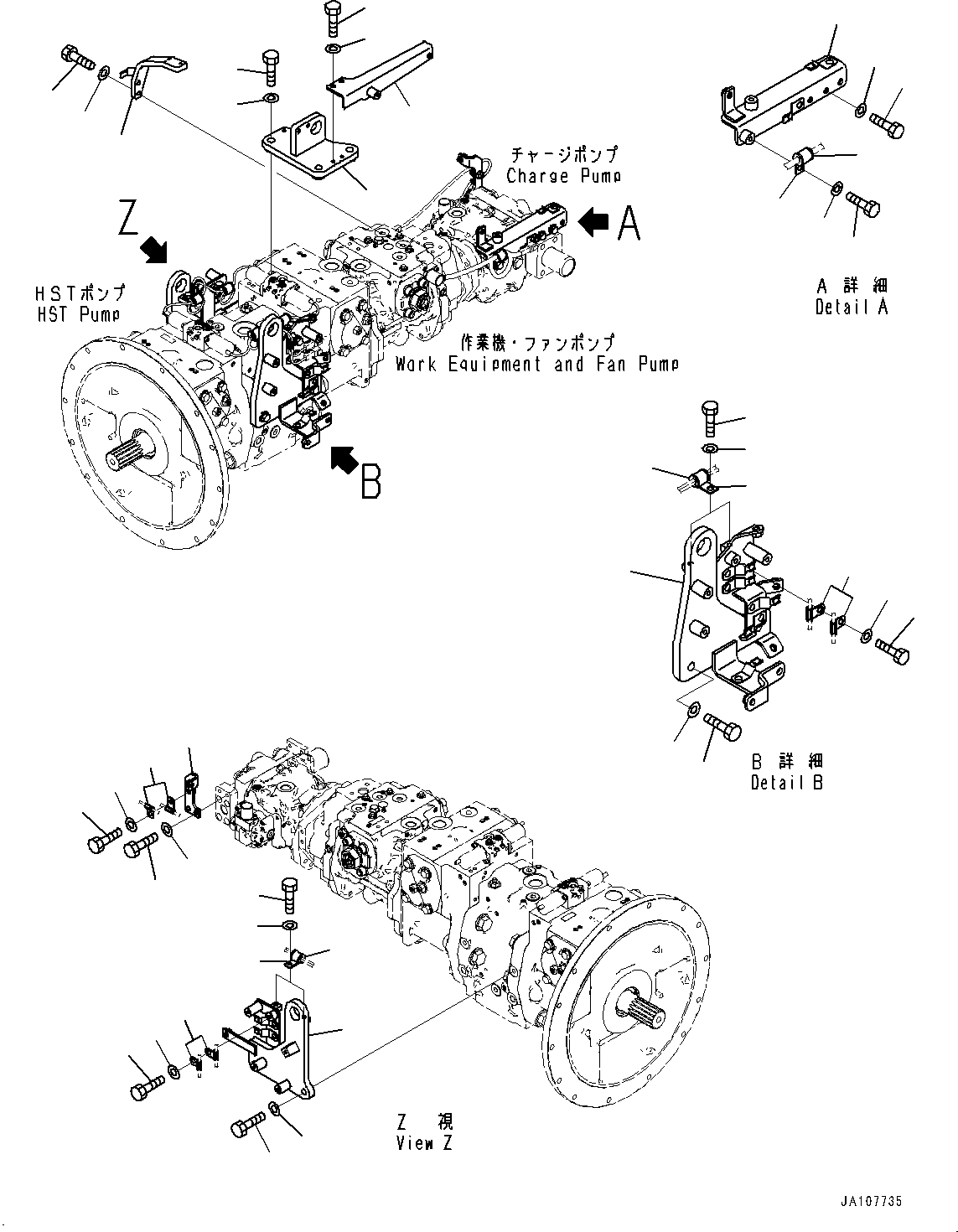 Komatsu parts book diagram for D71PXI-24 S/N 74001-UP: HYDRAULIC PUMP, MOUNTING BRACKET(#70002-)