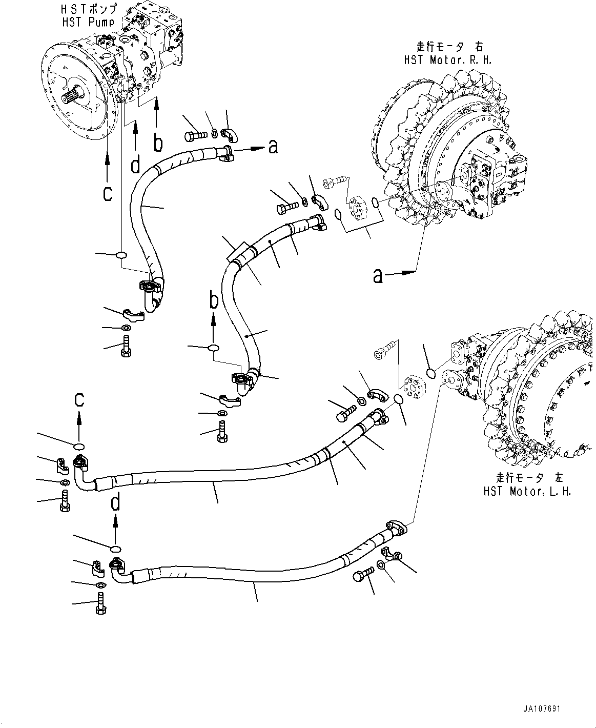 Komatsu parts book diagram for D71PXI-24 S/N 74001-UP: HYDROSTATIC TRANSMISSION CONTROL PIPING, TRAVEL MOTOR PIPING (WIDE GAUGE SPECIFICATION)(#70002-)