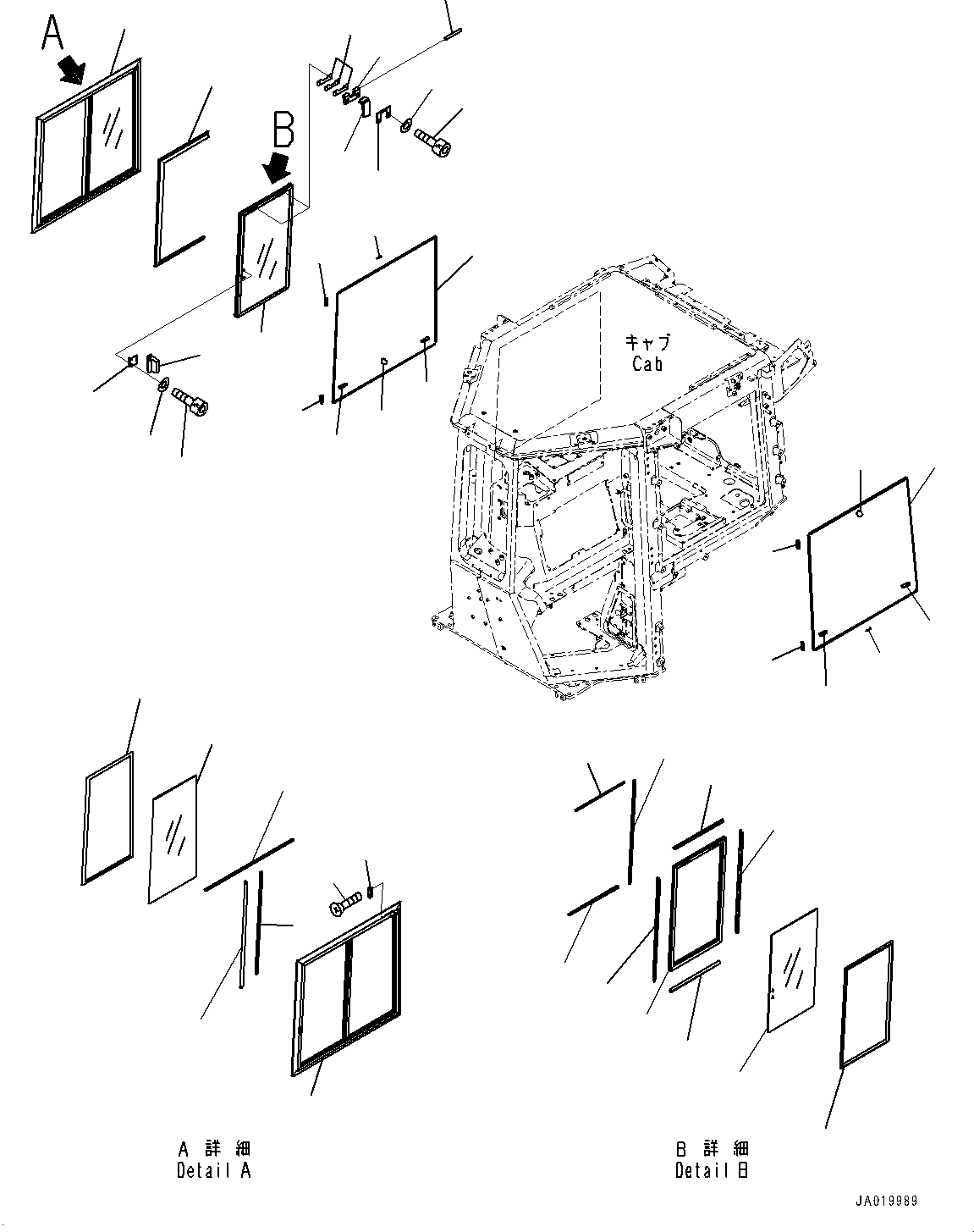 Komatsu parts book diagram for D71PXI-24 S/N 74001-UP: CAB, SASH TYPE GLASS WINDOW, R.H.(#72161-)