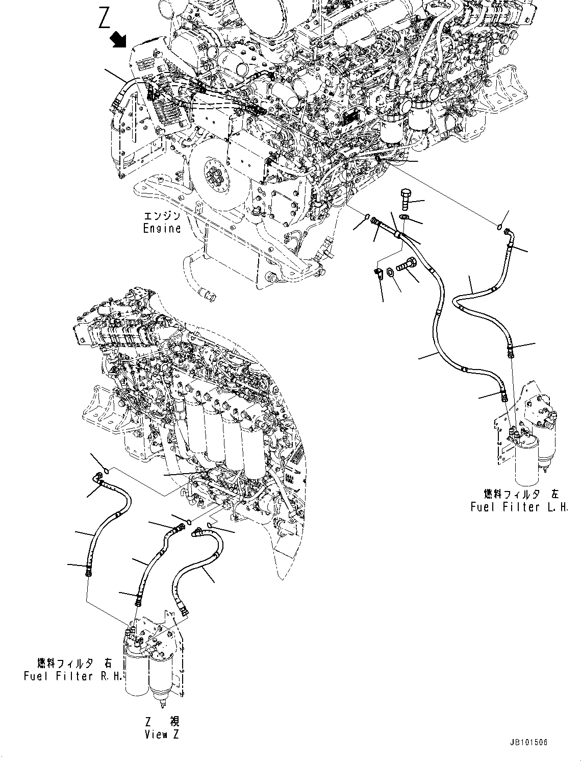 Komatsu parts book diagram for HD785-8E0 S/N 55001-UP: ENGINE RELATED PARTS, FUEL FILTER PIPING(#56001-)