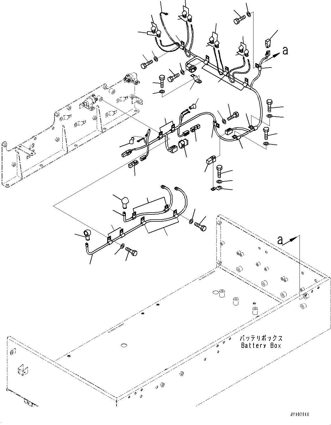 Komatsu parts book diagram for HD785-8E0 S/N 55001-UP: BATTERY BOX AND REAR HOOD, WIRING HARNESS (1/2)(#55001-)