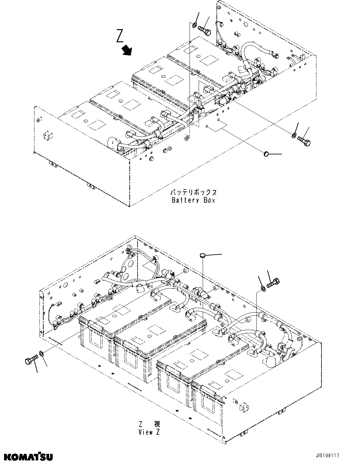 Komatsu parts book diagram for HD785-8E0 S/N 55001-UP: BATTERY BOX AND REAR HOOD, CAP(#55110-)