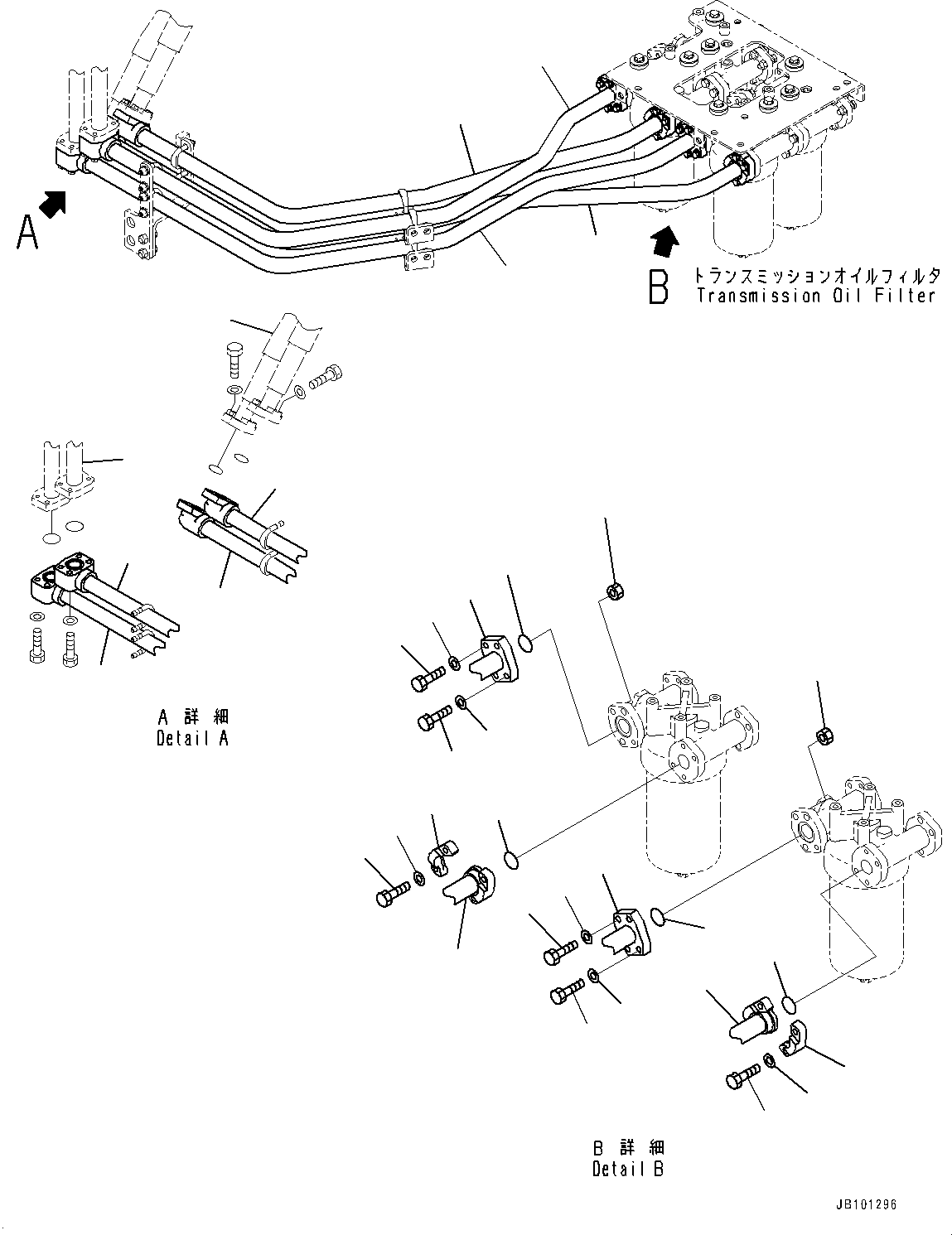 Komatsu parts book diagram for HD785-8E0 S/N 55001-UP: HYDRAULIC TANK, TRANSMISSION OIL FILTER PIPING(#55001-)