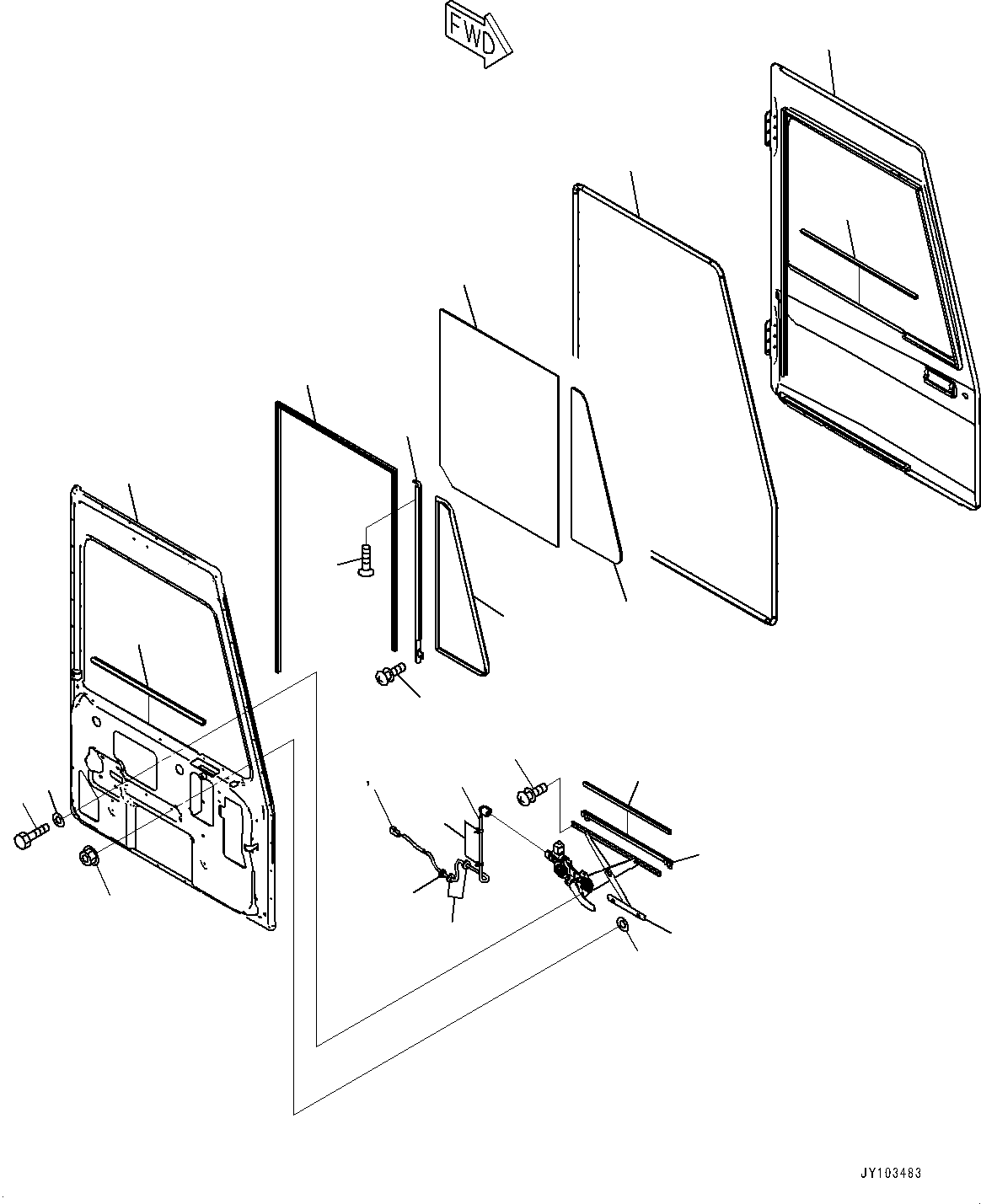 Komatsu parts book diagram for HD785-8E0 S/N 55001-UP: CAB, DOOR, L.H.(#55001-)