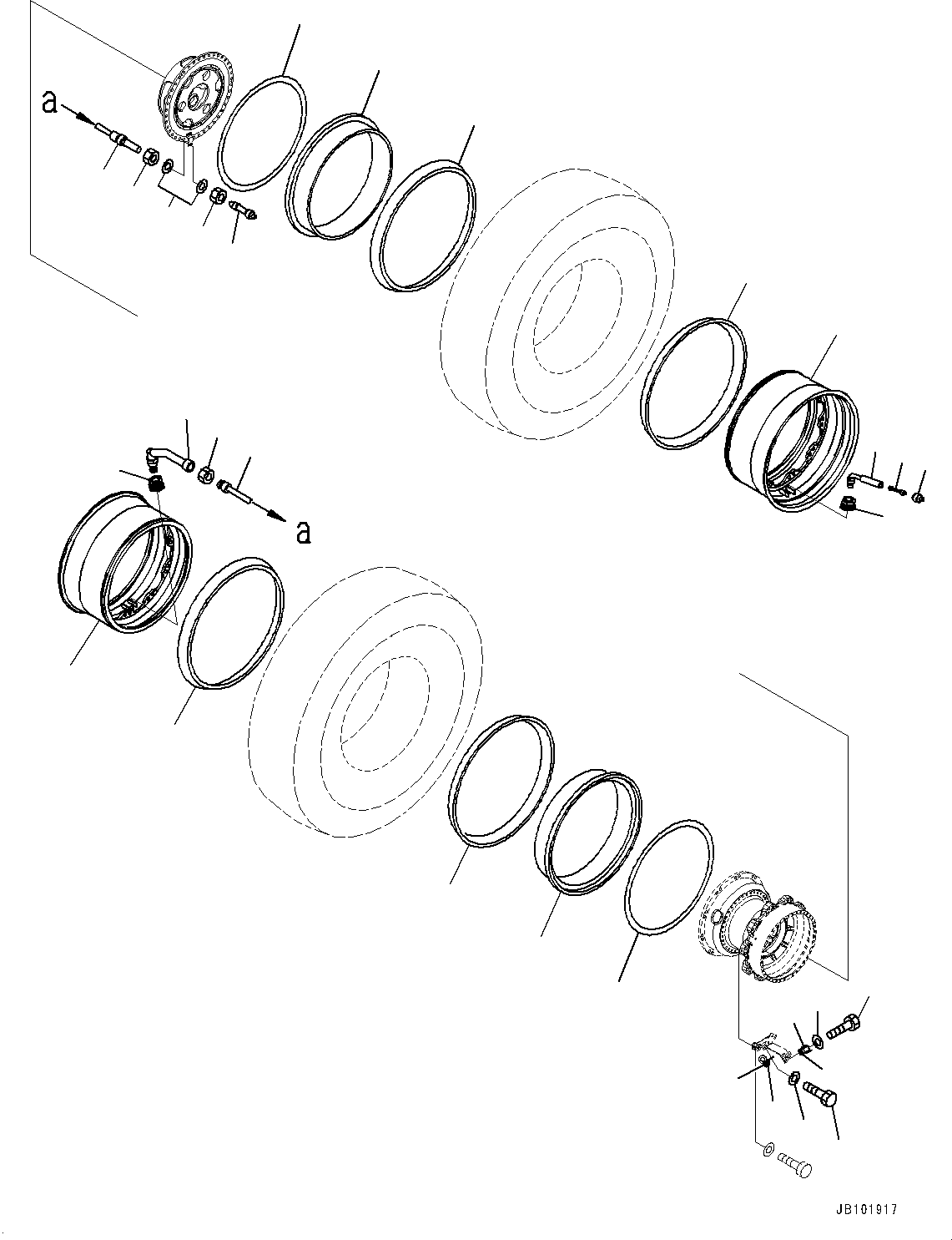 Komatsu parts book diagram for HD785-8E0 S/N 55001-UP: RIM, REAR WHEEL (WITH LARGE BORE VALVE)(#55001-)
