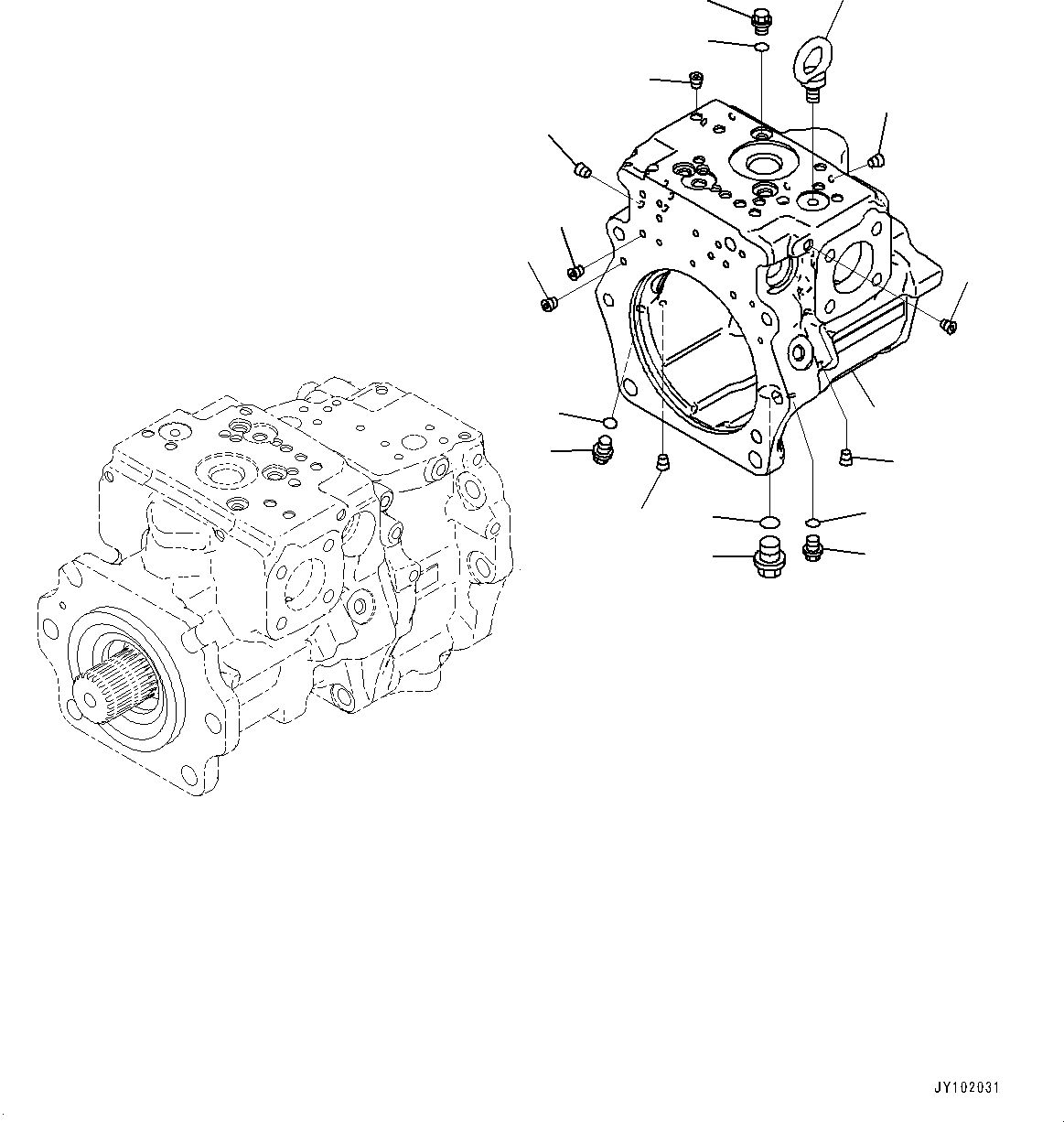 Komatsu parts book diagram for WA800-8E0 S/N 84001-UP: TORQUE CONVERTER AND TRANSMISSION, PISTON PUMP (6/37) (WORK EQUIPMENT PUMP, L.H.)(#83001-)