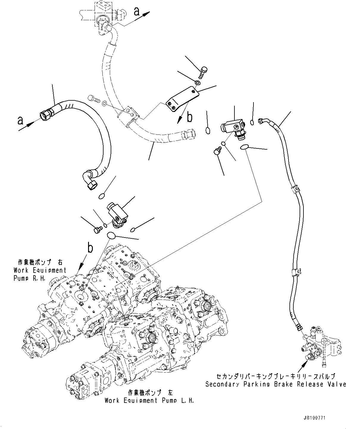Komatsu parts book diagram for WA800-8E0 S/N 84001-UP: TORQUE CONVERTER AND TRANSMISSION, SECONDARY PARKING BRAKE RELEASE VALVE PIPING(#83001-)