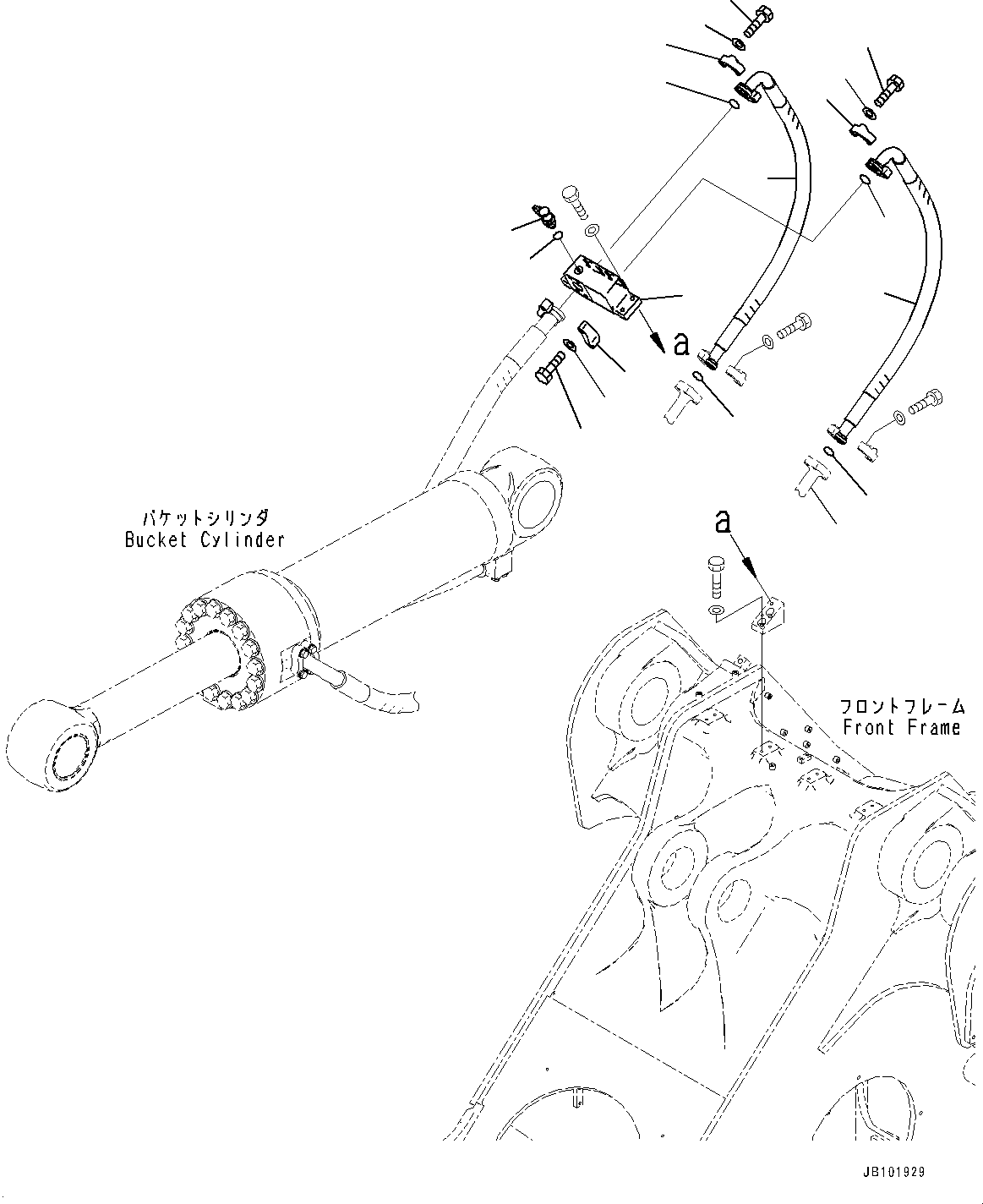Komatsu parts book diagram for WA800-8E0 S/N 84001-UP: HYDRAULIC PIPING, BUCKET CYLINDER PIPING, BOTTOM(#80001-)