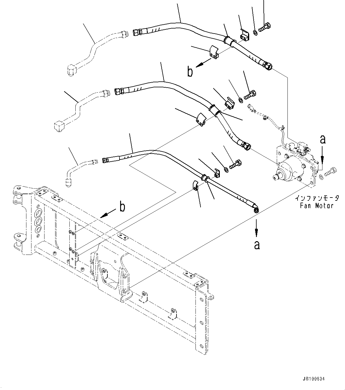 Komatsu parts book diagram for WA800-8E0 S/N 84001-UP: RADIATOR GUARD AND HOOD, FAN MOTOR PIPING(#83001-)