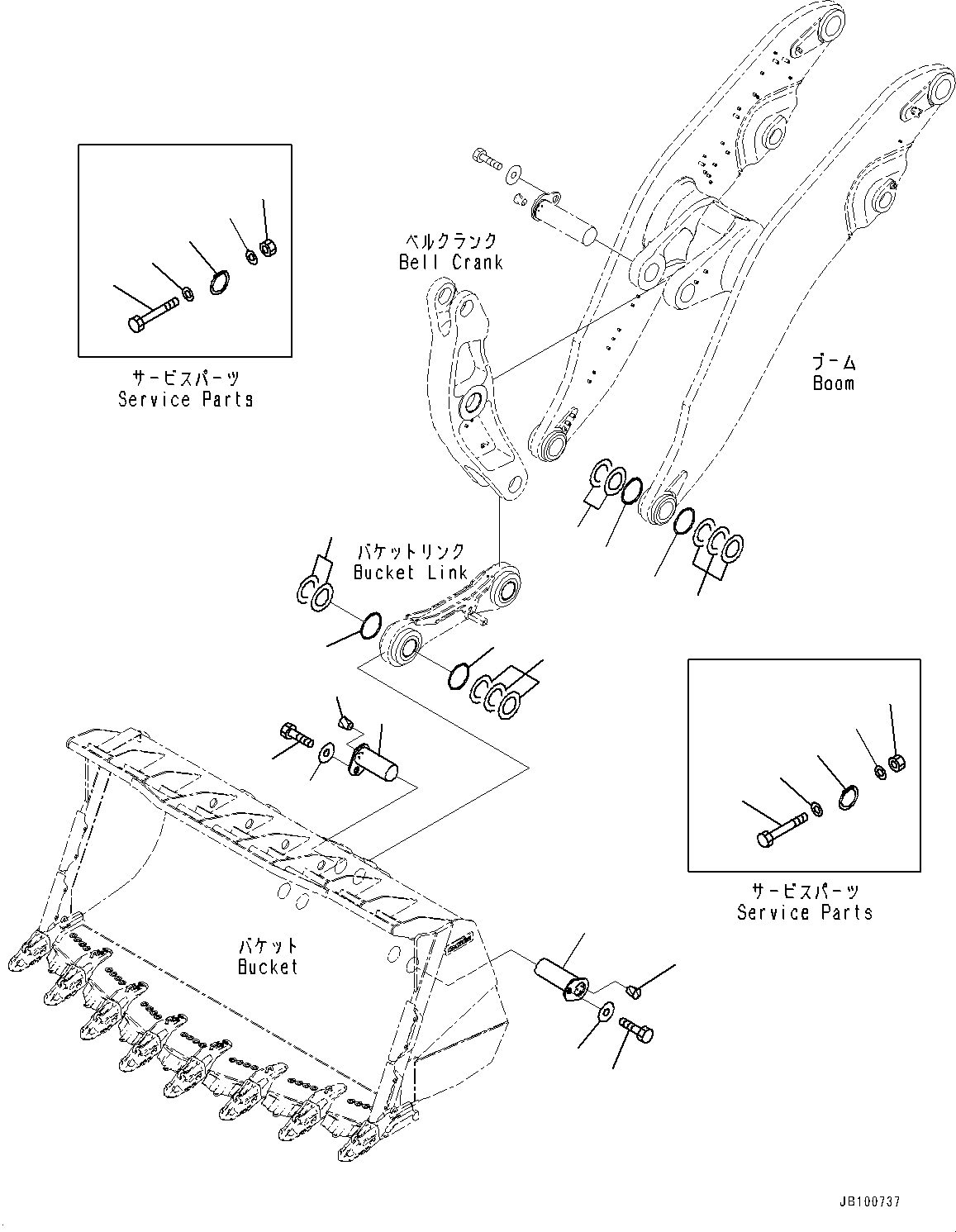 Komatsu parts book diagram for WA800-8E0 S/N 84001-UP: BOOM AND BELL CRANK, PIN (2/3) (WITH AUTO-GREASING SYSTEM)(#83001-)