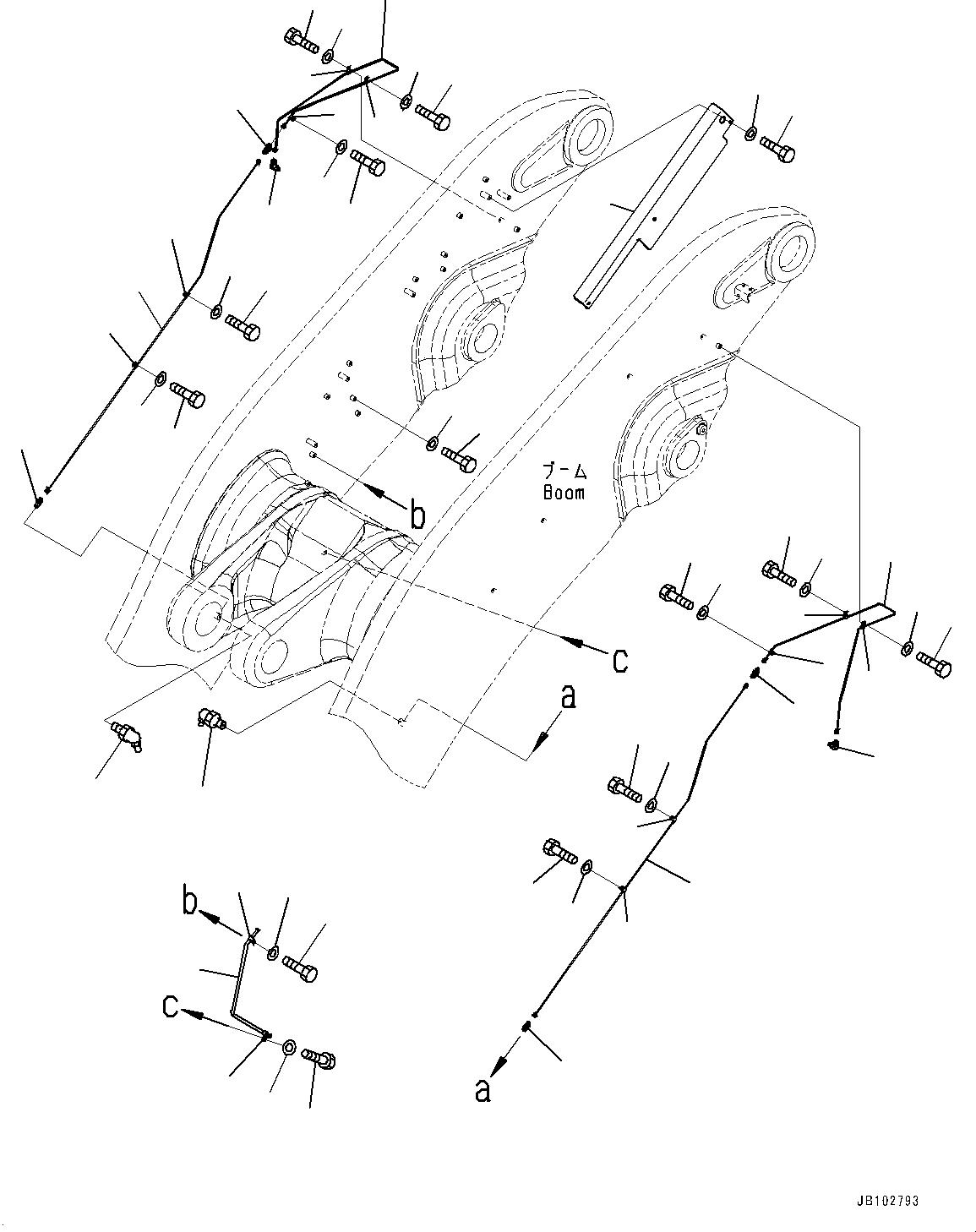 Komatsu parts book diagram for WA800-8E0 S/N 84001-UP: BOOM AND BELL CRANK, GREASE PIPING (1/2) (WITH HIGH LIFT ARM)(#83001-)
