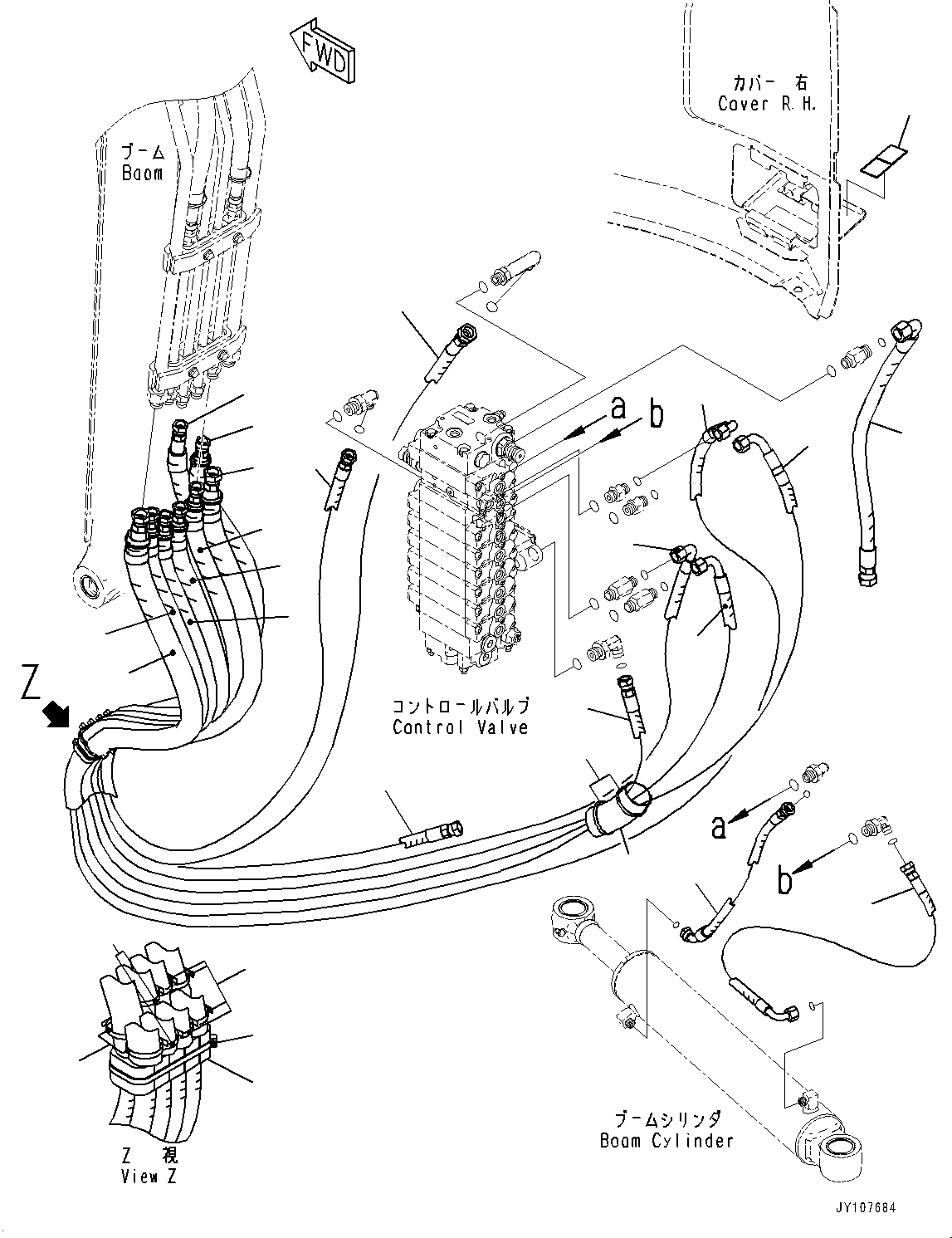 Komatsu parts book diagram for PC25MR-5 S/N 26001-UP: ACTUATOR PIPING, CONTROL VALVE TO BOOM PIPING (WITH 1-ADDITIONAL ACTUATOR PIPING, FOR ENGLISH)(#25001-)