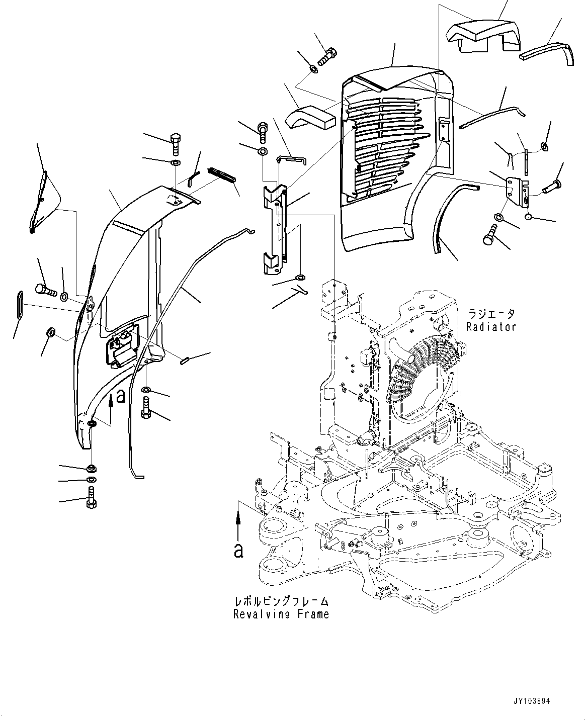 Komatsu parts book diagram for PC25MR-5 S/N 26001-UP: SIDE COVER R.H., (1/2) (WITH 1-ADDITIONAL ACTUATOR PIPING)(#25001-)